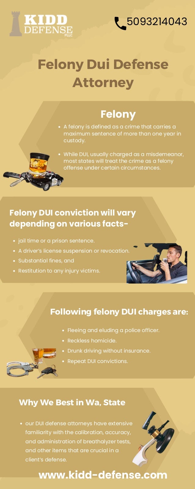 Felony Dui Defense

Attorney
A felony is defined as a crime that carries a

maximum sentence of more than one year in

custody.
While DUI, usually charged as a misdemeanor,

most states will treat the crime as a felony

offense under certain circumstances.
Fleeing and eluding a police officer.
Reckless homicide.
Drunk driving without insurance.
Repeat DUI convictions.
jail time or a prison sentence.
A driver’s license suspension or revocation.
Substantial fines, and
Restitution to any injury victims.
our DUI defense attorneys have extensive

familiarity with the calibration, accuracy,

and administration of breathalyzer tests, 

and other items that are crucial in a

client’s defense.
Following felony DUI charges are:
Felony DUI conviction will vary

depending on various facts-
Why We Best in Wa, State
5093214043


Felony
www.kidd-defense.com
 
