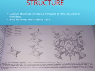 STRUCTURE
 Structure of feldspar consists of a framework of corner sharing si-al
tetrahedral.
 Rings are formed crankshaft like chains.
 