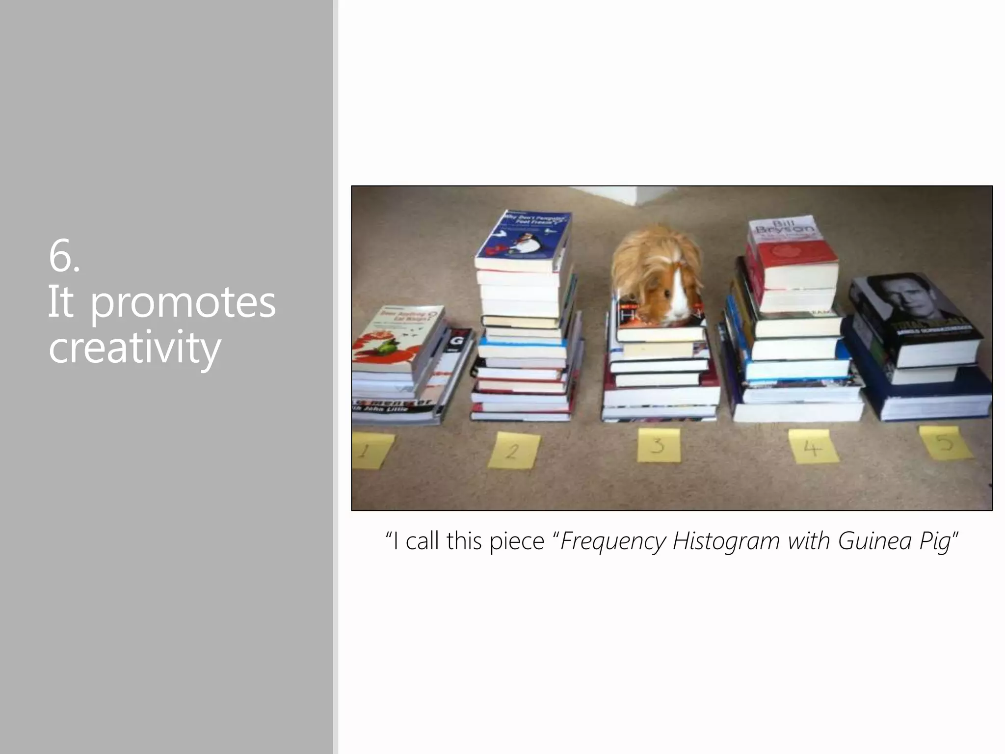 6.
It promotes
creativity
“I call this piece “Frequency Histogram with Guinea Pig”
 
