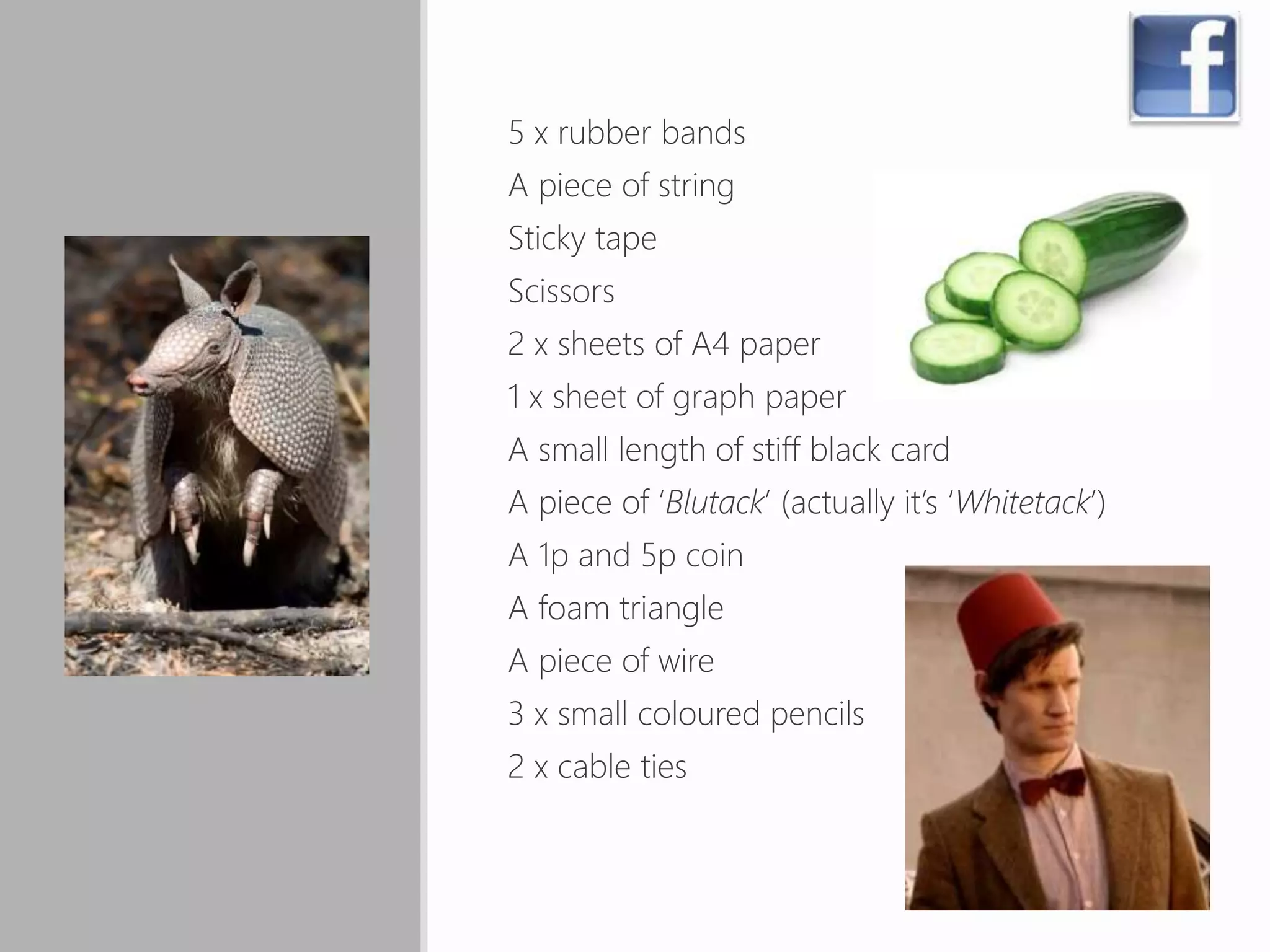 5 x rubber bands
A piece of string
Sticky tape
Scissors
2 x sheets of A4 paper
1 x sheet of graph paper
A small length of stiff black card
A piece of ‘Blutack’ (actually it’s ‘Whitetack’)
A 1p and 5p coin
A foam triangle
A piece of wire
3 x small coloured pencils
2 x cable ties
 