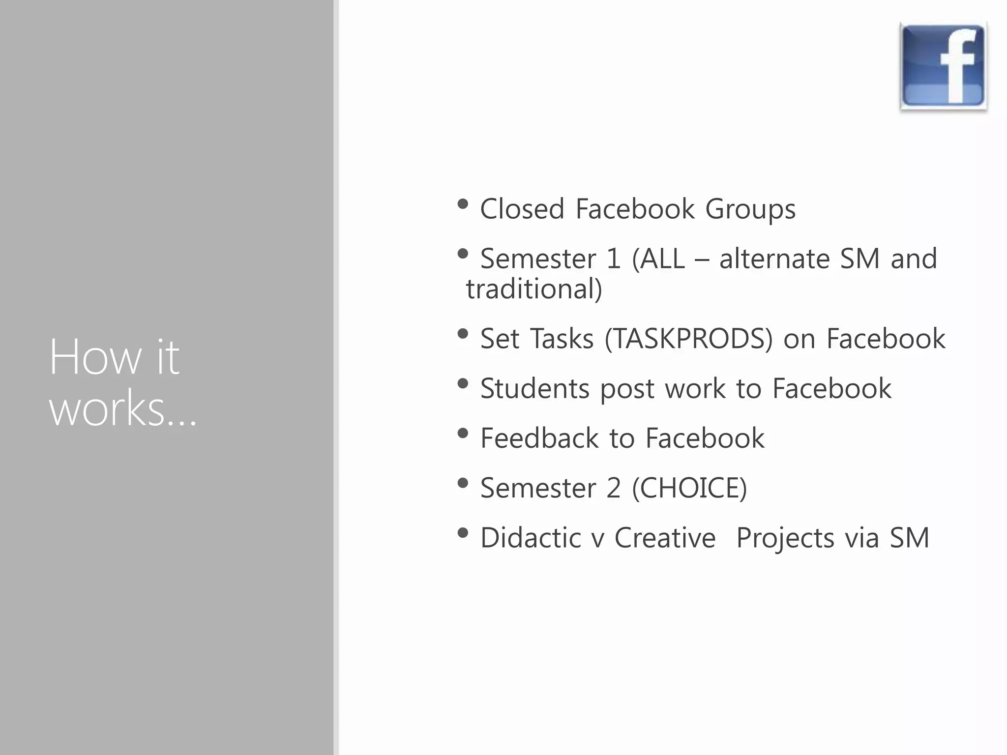 How it
works…
• Closed Facebook Groups
• Semester 1 (ALL – alternate SM and
traditional)
• Set Tasks (TASKPRODS) on Facebook
• Students post work to Facebook
• Feedback to Facebook
• Semester 2 (CHOICE)
• Didactic v Creative Projects via SM
 