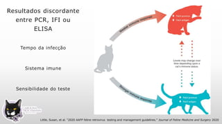 Resultados discordante
entre PCR, IFI ou
ELISA
Tempo da infecção
Sistema imune
Sensibilidade do teste
Little, Susan, et al. "2020 AAFP feline retrovirus testing and management guidelines." Journal of Feline Medicine and Surgery 2020
 