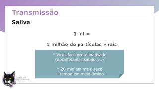 Transmissão
Saliva
1 ml =
1 milhão de partículas virais
* Vírus facilmente inativado
(desinfetantes,sabão, ...)
* 20 min em meio seco
+ tempo em meio úmido
 