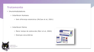 Tratamento
• Imunomoduladores
• Interferon Humano
• Sem diferença estatistica (McCaw et al, 2001)
• Interferon Felino
• Maior tempo de sobrevida (Mari et al, 2004)
• Doenças secundárias
 