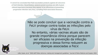 Não se pode concluir que a vacinação contra a
FeLV protege contra todas as infecções pelo
vírus da FeLV.
No entanto, várias vacinas atuais são de
grande importância clínica porque parecem
ser eficazes na prevenção da infecção
progressiva e dessa forma reduzem as
doenças associadas a FeLV.
Little, Susan, et al. "2020 AAFP feline retrovirus testing and management guidelines." Journal of Feline Medicine and Surgery 2020
 