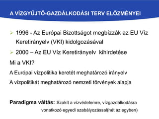 A VÍZGYŰJTŐ-GAZDÁLKODÁSI TERV ELŐZMÉNYEI
 1996 - Az Európai Bizottságot megbízzák az EU Víz
Keretirányelv (VKI) kidolgozásával
 2000 – Az EU Víz Keretirányelv kihirdetése
Mi a VKI?
A Európai vízpolitika keretét meghatározó irányelv
A vízpolitikát meghatározó nemzeti törvények alapja
Paradigma váltás: Szakít a vízvédelemre, vízgazdálkodásra
vonatkozó egyedi szabályozással(hét az egyben)
 
