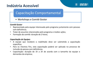 • Workshops e Comitê Gestor
Capacitação Comportamental
Indústria Acessível
Comitê Gestor
• Representada pela equipe interessada pelo programa juntamente com pessoas
com deficiência;
• Tratar de assuntos relacionados pelo programa e mediar ações;
• Formação do comitê: duração de 2 horas;
Capacitação de Equipes
• A equipe que receberá o reabilitado deve ser submetida a capacitação
específica;
• Para os mesmos fins, esta capacitação poderá ser aplicada no processo de
inclusão da pessoa com deficiência;
• Capacitação: duração de 1h a 2h de acordo com o tamanho da equipe e
demandas da empresa;
 