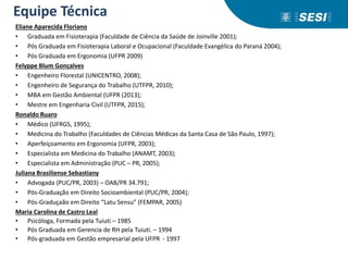 Eliane Aparecida Floriano
• Graduada em Fisioterapia (Faculdade de Ciência da Saúde de Joinville 2001);
• Pós Graduada em Fisioterapia Laboral e Ocupacional (Faculdade Evangélica do Paraná 2004);
• Pós Graduada em Ergonomia (UFPR 2009)
Felyppe Blum Gonçalves
• Engenheiro Florestal (UNICENTRO, 2008);
• Engenheiro de Segurança do Trabalho (UTFPR, 2010);
• MBA em Gestão Ambiental (UFPR (2013);
• Mestre em Engenharia Civil (UTFPR, 2015);
Ronaldo Ruaro
• Médico (UFRGS, 1995);
• Medicina do Trabalho (Faculdades de Ciências Médicas da Santa Casa de São Paulo, 1997);
• Aperfeiçoamento em Ergonomia (UFPR, 2003);
• Especialista em Medicina do Trabalho (ANAMT, 2003);
• Especialista em Administração (PUC – PR, 2005);
Juliana Brasiliense Sebastiany
• Advogada (PUC/PR, 2003) – OAB/PR 34.791;
• Pós-Graduação em Direito Socioambiental (PUC/PR, 2004);
• Pós-Graduçaão em Direito “Latu Sensu” (FEMPAR, 2005)
Maria Carolina de Castro Leal
• Psicóloga, Formada pela Tuiuti – 1985
• Pós Graduada em Gerencia de RH pela Tuiuti. – 1994
• Pós-graduada em Gestão empresarial pela UFPR - 1997
Equipe Técnica
 