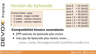 @aheritier @hboutemy#MvnDevoxxFr2015
Version	
  du	
  bytecode	
  
Compatibilité binaire ascendante
●  JVM exécute du bytecode plus ancien
●  mais pas du bytecode plus récent, sinon…
java.lang.UnsupportedClassVersionError
Java 8 = 52 (0x34)
Java 7 = 51 (0x33)
Java 6 = 50 (0x32)
Java 5 = 49 (0x31)
Java 1.4 = 48 (0x30)
Java 1.3 = 47 (0x2F)
Java 1.2 = 46 (0x2E)
Java 1.1 = 45 (0x2D)
Format fichier .class
•  4 octets : magic number
•  2 octets : version mineure
•  2 octets : version majeure
•  …
 