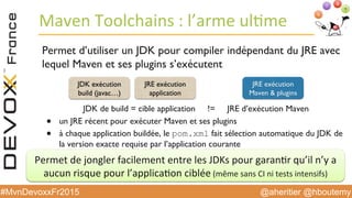 @aheritier @hboutemy#MvnDevoxxFr2015
Maven	
  Toolchains	
  :	
  l’arme	
  ul:me	
  
Permet d’utiliser un JDK pour compiler indépendant du JRE avec
lequel Maven et ses plugins s’exécutent
JDK de build = cible application != JRE d’exécution Maven
●  un JRE récent pour exécuter Maven et ses plugins
●  à chaque application buildée, le pom.xml fait sélection automatique du JDK de
la version exacte requise par l’application courante
JRE exécution
Maven  plugins
JRE exécution
application
JDK exécution
build (javac…)
Permet	
  de	
  jongler	
  facilement	
  entre	
  les	
  JDKs	
  pour	
  garan:r	
  qu’il	
  n’y	
  a	
  
aucun	
  risque	
  pour	
  l’applica:on	
  ciblée	
  (même	
  sans	
  CI	
  ni	
  tests	
  intensifs)
6
7 8
 