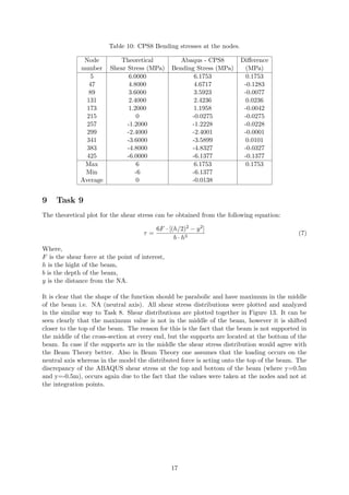 Table 10: CPS8 Bending stresses at the nodes.
Node
number
Theoretical
Shear Stress (MPa)
Abaqus - CPS8
Bending Stress (MPa)
Diﬀerence
(MPa)
5 6.0000 6.1753 0.1753
47 4.8000 4.6717 -0.1283
89 3.6000 3.5923 -0.0077
131 2.4000 2.4236 0.0236
173 1.2000 1.1958 -0.0042
215 0 -0.0275 -0.0275
257 -1.2000 -1.2228 -0.0228
299 -2.4000 -2.4001 -0.0001
341 -3.6000 -3.5899 0.0101
383 -4.8000 -4.8327 -0.0327
425 -6.0000 -6.1377 -0.1377
Max 6 6.1753 0.1753
Min -6 -6.1377
Average 0 -0.0138
9 Task 9
The theoretical plot for the shear stress can be obtained from the following equation:
τ =
6F · [(h/2)2 − y2]
b · h3
(7)
Where,
F is the shear force at the point of interest,
h is the hight of the beam,
b is the depth of the beam,
y is the distance from the NA.
It is clear that the shape of the function should be parabolic and have maximum in the middle
of the beam i.e. NA (neutral axis). All shear stress distributions were plotted and analyzed
in the similar way to Task 8. Shear distributions are plotted together in Figure 13. It can be
seen clearly that the maximum value is not in the middle of the beam, however it is shifted
closer to the top of the beam. The reason for this is the fact that the beam is not supported in
the middle of the cross-section at every end, but the supports are located at the bottom of the
beam. In case if the supports are in the middle the shear stress distribution would agree with
the Beam Theory better. Also in Beam Theory one assumes that the loading occurs on the
neutral axis whereas in the model the distributed force is acting onto the top of the beam. The
discrepancy of the ABAQUS shear stress at the top and bottom of the beam (where y=0.5m
and y=-0.5m), occurs again due to the fact that the values were taken at the nodes and not at
the integration points.
17
 