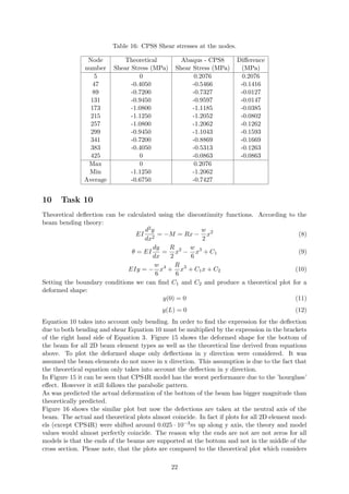 Table 16: CPS8 Shear stresses at the nodes.
Node
number
Theoretical
Shear Stress (MPa)
Abaqus - CPS8
Shear Stress (MPa)
Diﬀerence
(MPa)
5 0 0.2076 0.2076
47 -0.4050 -0.5466 -0.1416
89 -0.7200 -0.7327 -0.0127
131 -0.9450 -0.9597 -0.0147
173 -1.0800 -1.1185 -0.0385
215 -1.1250 -1.2052 -0.0802
257 -1.0800 -1.2062 -0.1262
299 -0.9450 -1.1043 -0.1593
341 -0.7200 -0.8869 -0.1669
383 -0.4050 -0.5313 -0.1263
425 0 -0.0863 -0.0863
Max 0 0.2076
Min -1.1250 -1.2062
Average -0.6750 -0.7427
10 Task 10
Theoretical deﬂection can be calculated using the discontinuity functions. According to the
beam bending theory:
EI
d2y
dx2
= −M = Rx −
w
2
x2
(8)
θ = EI
dy
dx
=
R
2
x2
−
w
6
x3
+ C1 (9)
EIy = −
w
6
x4
+
R
6
x3
+ C1x + C2 (10)
Setting the boundary conditions we can ﬁnd C1 and C2 and produce a theoretical plot for a
deformed shape:
y(0) = 0 (11)
y(L) = 0 (12)
Equation 10 takes into account only bending. In order to ﬁnd the expression for the deﬂection
due to both bending and shear Equation 10 must be multiplied by the expression in the brackets
of the right hand side of Equation 3. Figure 15 shows the deformed shape for the bottom of
the beam for all 2D beam element types as well as the theoretical line derived from equations
above. To plot the deformed shape only deﬂections in y direction were considered. It was
assumed the beam elements do not move in x direction. This assumption is due to the fact that
the theoretical equation only takes into account the deﬂection in y direction.
In Figure 15 it can be seen that CPS4R model has the worst performance due to the ’hourglass’
eﬀect. However it still follows the parabolic pattern.
As was predicted the actual deformation of the bottom of the beam has bigger magnitude than
theoretically predicted.
Figure 16 shows the similar plot but now the defections are taken at the neutral axis of the
beam. The actual and theoretical plots almost coincide. In fact if plots for all 2D element mod-
els (except CPS4R) were shifted around 0.025 · 10−3m up along y axis, the theory and model
values would almost perfectly coincide. The reason why the ends are not are not zeros for all
models is that the ends of the beams are supported at the bottom and not in the middle of the
cross section. Please note, that the plots are compared to the theoretical plot which considers
22
 