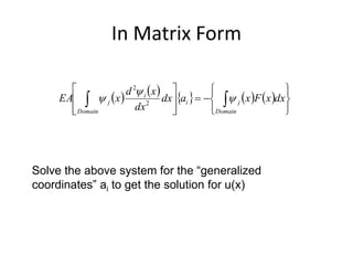 In Matrix Form
         

















 Domain
ji
Domain
i
j dxxFxadx
dx
xd
xEA 

 2
2
Solve the above system for the “generalized
coordinates” ai to get the solution for u(x)
 