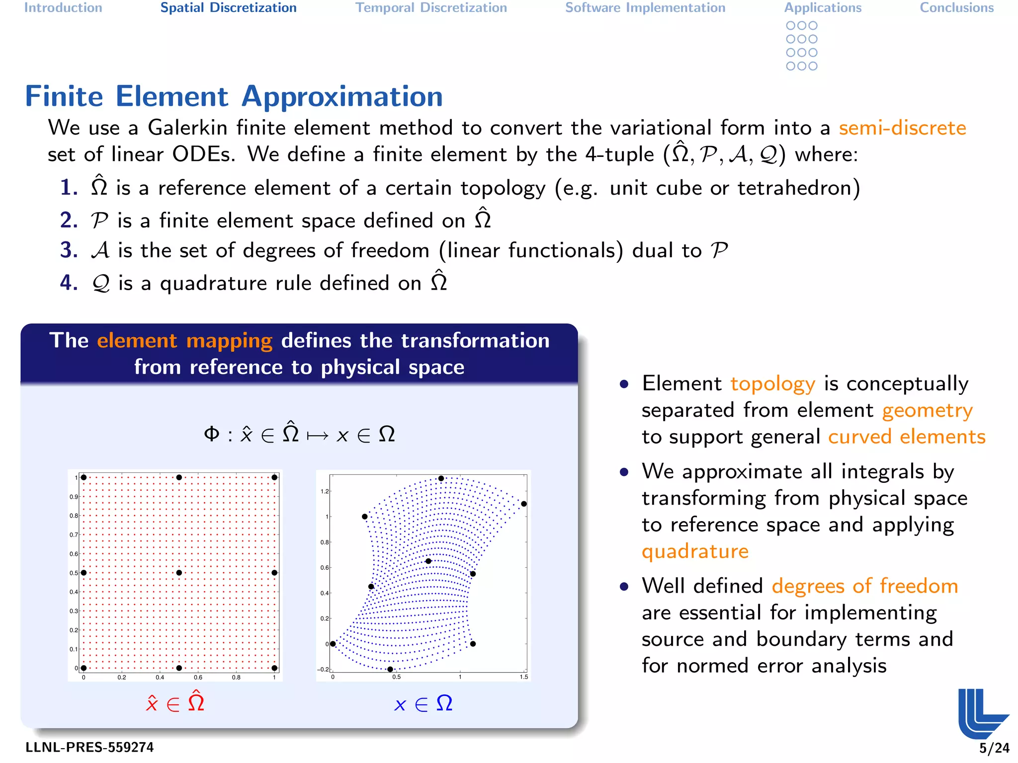 Introduction           Spatial Discretization              Temporal Discretization         Software Implementation   Applications   Conclusions




Finite Element Approximation
   We use a Galerkin ﬁnite element method to convert the variational form into a semi-discrete
                                                                    ˆ
   set of linear ODEs. We deﬁne a ﬁnite element by the 4-tuple (Ω, P, A, Q) where:
    1. Ωˆ is a reference element of a certain topology (e.g. unit cube or tetrahedron)
    2. P is a ﬁnite element space deﬁned on Ω   ˆ
     3. A is the set of degrees of freedom (linear functionals) dual to P
     4. Q is a quadrature rule deﬁned on Ωˆ

   The element mapping deﬁnes the transformation
          from reference to physical space
                                                                                                  • Element topology is conceptually
                                                                                                     separated from element geometry
                                    ˆ ˆ
                                  Φ:x ∈Ω→x ∈Ω                                                        to support general curved elements
       1                                                                                          • We approximate all integrals by
                                                 1.2
      0.9
                                                                                                     transforming from physical space
      0.8                                         1


      0.7
                                                                                                     to reference space and applying
                                                 0.8
      0.6                                                                                            quadrature
                                                 0.6
      0.5


      0.4                                        0.4
                                                                                                  • Well deﬁned degrees of freedom
      0.3
                                                 0.2                                                 are essential for implementing
      0.2


      0.1
                                                  0                                                  source and boundary terms and
       0
            0   0.2   0.4   0.6    0.8   1
                                                −0.2
                                                       0        0.5       1          1.5
                                                                                                     for normed error analysis
                      ˆ ˆ
                      x ∈Ω                                      x ∈Ω
LLNL-PRES-559274                                                                                                                            5/24
 