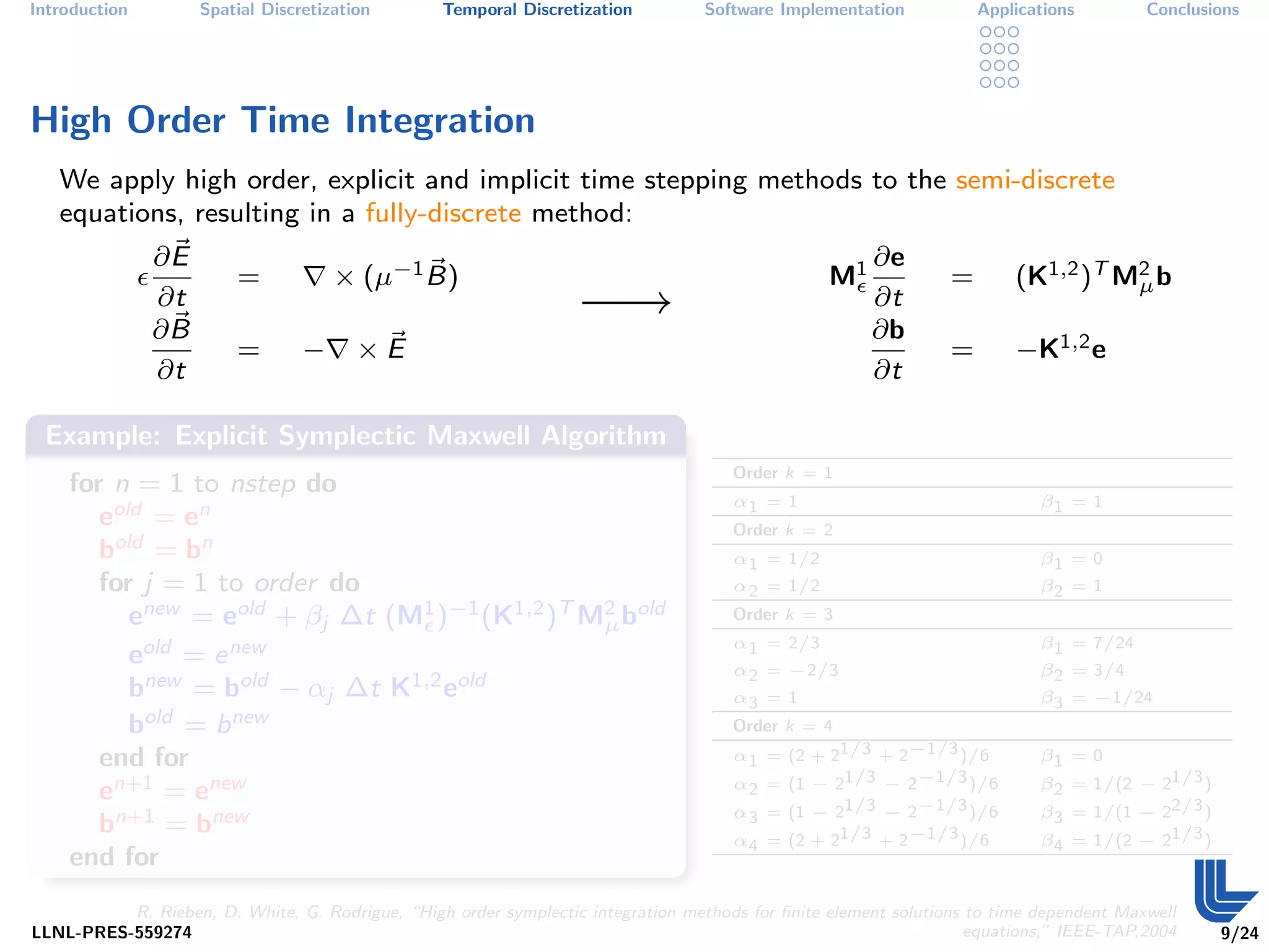 Introduction        Spatial Discretization        Temporal Discretization         Software Implementation           Applications        Conclusions




High Order Time Integration
   We apply high order, explicit and implicit time stepping methods to the semi-discrete
   equations, resulting in a fully-discrete method:
               ∂E                                                                                     ∂e
                         =           × (µ−1 B)                                                   M1             =       (K1,2 )T M2 b
               ∂t
               ∂B
                                                                  −→                                  ∂t
                                                                                                      ∂b
                                                                                                                                  µ


                         =       −      ×E                                                                      =       −K1,2 e
               ∂t                                                                                     ∂t

 Example: Explicit Symplectic Maxwell Algorithm
                                                                                     Order k = 1
    for n = 1 to nstep do
                                                                                     α1 = 1                                β1 = 1
       eold = en                                                                     Order k = 2
       bold = bn                                                                     α1 = 1/2                              β1 = 0
       for j = 1 to order do                                                         α2 = 1/2                              β2 = 1
          enew = eold + βj ∆t (M1 )−1 (K1,2 )T M2 bold
                                                µ
                                                                                     Order k = 3
                                                                                     α1 = 2/3                              β1 = 7/24
          eold = e new                                                               α2 = −2/3                             β2 = 3/4
          bnew = bold − αj ∆t K1,2 eold                                              α3 = 1                                β3 = −1/24
          bold = b new                                                               Order k = 4
       end for                                                                       α1 = (2 + 21/3 + 2−1/3 )/6            β1 = 0
                                                                                     α2 = (1 − 21/3 − 2−1/3 )/6                        21/3 )
       en+1 = enew                                                                                                         β2 = 1/(2 −
                                                                                     α3 = (1 − 21/3 − 2−1/3 )/6            β3 = 1/(1 − 22/3 )
       bn+1 = bnew                                                                   α4 = (2 + 21/3 + 2−1/3 )/6            β4 = 1/(2 − 21/3 )
    end for
          R. Rieben, D. White, G. Rodrigue, “High order symplectic integration methods for ﬁnite element solutions to time dependent Maxwell
LLNL-PRES-559274                                                                                                  equations,” IEEE-TAP,2004     9/24
 