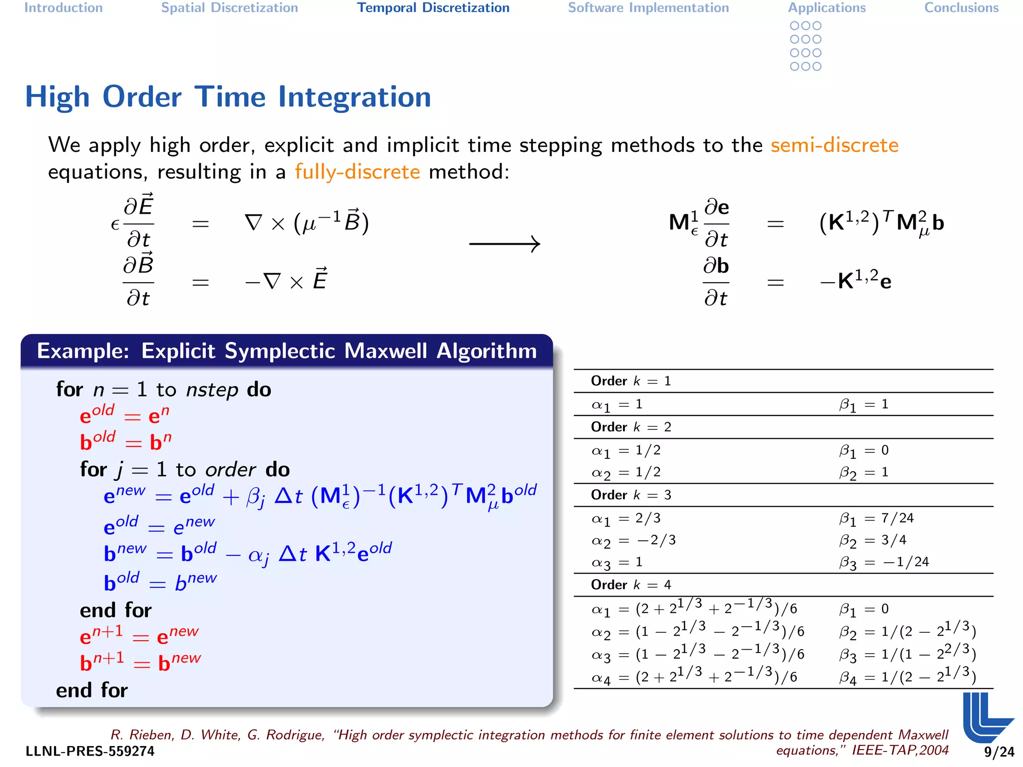 Introduction        Spatial Discretization        Temporal Discretization         Software Implementation           Applications        Conclusions




High Order Time Integration
   We apply high order, explicit and implicit time stepping methods to the semi-discrete
   equations, resulting in a fully-discrete method:
               ∂E                                                                                     ∂e
                         =           × (µ−1 B)                                                   M1             =       (K1,2 )T M2 b
               ∂t
               ∂B
                                                                  −→                                  ∂t
                                                                                                      ∂b
                                                                                                                                  µ


                         =       −      ×E                                                                      =       −K1,2 e
               ∂t                                                                                     ∂t

 Example: Explicit Symplectic Maxwell Algorithm
                                                                                     Order k = 1
    for n = 1 to nstep do
                                                                                     α1 = 1                                β1 = 1
       eold = en                                                                     Order k = 2
       bold = bn                                                                     α1 = 1/2                              β1 = 0
       for j = 1 to order do                                                         α2 = 1/2                              β2 = 1
          enew = eold + βj ∆t (M1 )−1 (K1,2 )T M2 bold
                                                µ
                                                                                     Order k = 3
                                                                                     α1 = 2/3                              β1 = 7/24
          eold = e new                                                               α2 = −2/3                             β2 = 3/4
          bnew = bold − αj ∆t K1,2 eold                                              α3 = 1                                β3 = −1/24
          bold = b new                                                               Order k = 4
       end for                                                                       α1 = (2 + 21/3 + 2−1/3 )/6            β1 = 0
                                                                                     α2 = (1 − 21/3 − 2−1/3 )/6                        21/3 )
       en+1 = enew                                                                                                         β2 = 1/(2 −
                                                                                     α3 = (1 − 21/3 − 2−1/3 )/6            β3 = 1/(1 − 22/3 )
       bn+1 = bnew                                                                   α4 = (2 + 21/3 + 2−1/3 )/6            β4 = 1/(2 − 21/3 )
    end for
          R. Rieben, D. White, G. Rodrigue, “High order symplectic integration methods for ﬁnite element solutions to time dependent Maxwell
LLNL-PRES-559274                                                                                                  equations,” IEEE-TAP,2004     9/24
 