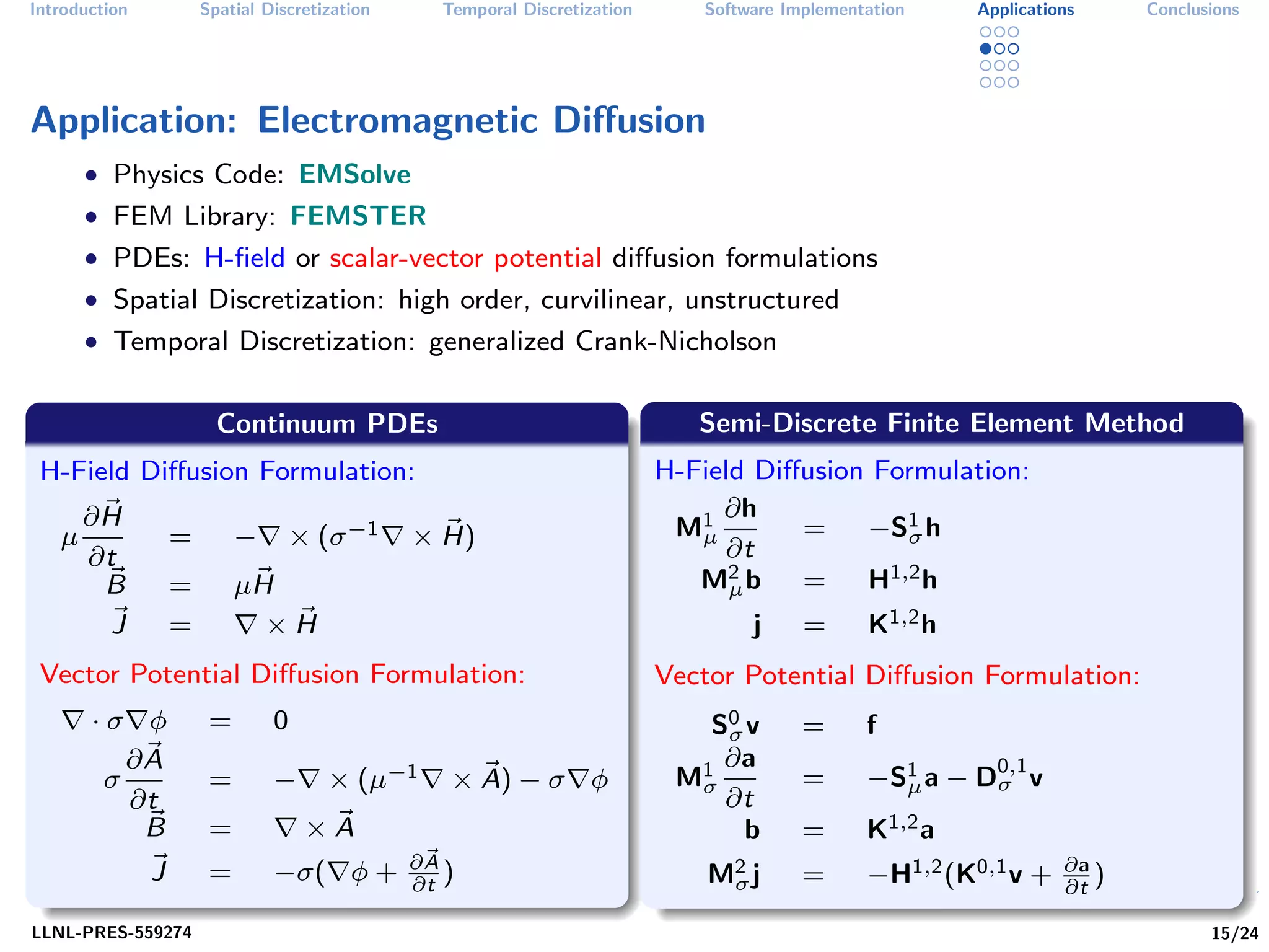 Introduction           Spatial Discretization     Temporal Discretization      Software Implementation    Applications     Conclusions




Application: Electromagnetic Diﬀusion
      • Physics Code: EMSolve
      • FEM Library: FEMSTER
      • PDEs: H-ﬁeld or scalar-vector potential diﬀusion formulations
      • Spatial Discretization: high order, curvilinear, unstructured
      • Temporal Discretization: generalized Crank-Nicholson


                         Continuum PDEs                                        Semi-Discrete Finite Element Method
 H-Field Diﬀusion Formulation:                                              H-Field Diﬀusion Formulation:
     ∂H                                                                          ∂h
   µ               =        −     × (σ −1       × H)                         M1µ       = −S1 h  σ
     ∂t                                                                          ∂t
                                                                               Mµ 2b   = H    1,2 h
      B            =        µH
       J           =          ×H                                                    j     =      K1,2 h
 Vector Potential Diﬀusion Formulation:                                     Vector Potential Diﬀusion Formulation:
       ·σ φ             =       0                                              S0 v
                                                                                σ         =      f
          ∂A                                                                  1 ∂a               −S1 a − D0,1 v
        σ               =       −      ×   (µ−1    × A) − σ φ                Mσ           =        µ      σ
          ∂t                                                                    ∂t
           B            =           ×A                                            b       =      K1,2 a
                                                ∂A                                                                  ∂a
               J        =       −σ( φ +         ∂t
                                                   )                            M2 j
                                                                                 σ        =      −H1,2 (K0,1 v +    ∂t
                                                                                                                       )
LLNL-PRES-559274                                                                                                                  15/24
 