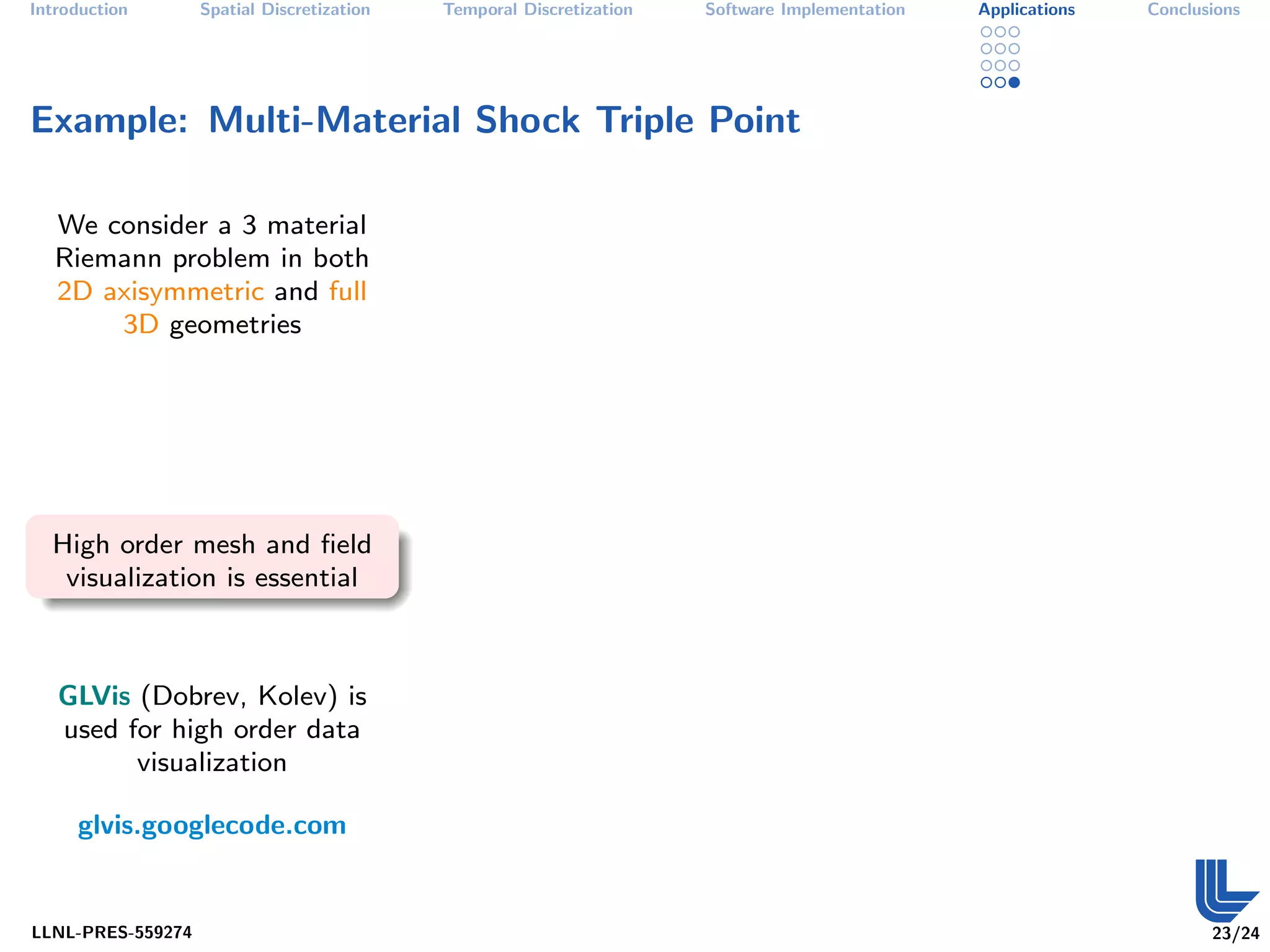 Introduction       Spatial Discretization   Temporal Discretization   Software Implementation   Applications   Conclusions




Example: Multi-Material Shock Triple Point

   We consider a 3 material
   Riemann problem in both
   2D axisymmetric and full
       3D geometries




  High order mesh and ﬁeld
   visualization is essential



   GLVis (Dobrev, Kolev) is
   used for high order data
         visualization

     glvis.googlecode.com


LLNL-PRES-559274                                                                                                      23/24
 