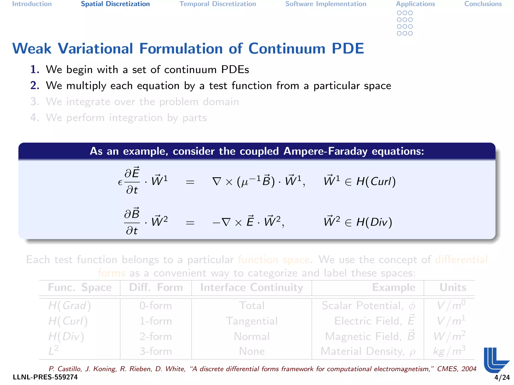 Introduction        Spatial Discretization        Temporal Discretization         Software Implementation          Applications         Conclusions




Weak Variational Formulation of Continuum PDE
     1.   We    begin with a set of continuum PDEs
     2.   We    multiply each equation by a test function from a particular space
     3.   We    integrate over the problem domain
     4.   We    perform integration by parts

                       As an example, consider the coupled Ampere-Faraday equations:
                                 ∂E
                                    · W1            =           × (µ−1 B) · W 1 ,            W 1 ∈ H(Curl)
                                 ∂t

                                 ∂B
                                    · W2            =       −     × E · W 2,                 W 2 ∈ H(Div )
                                 ∂t

    Each test function belongs to a particular function space. We use the concept of diﬀerential
                  forms as a convenient way to categorize and label these spaces:
        Func. Space     Diﬀ. Form Interface Continuity                  Example       Units
          H(Grad)                     0-form                      Total                     Scalar Potential, φ                V /m0
          H(Curl)                     1-form                    Tangential                    Electric Field, E                V /m1
          H(Div )                     2-form                     Normal                     Magnetic Field, B                 W /m2
          L2                          3-form                      None                      Material Density, ρ               kg /m3
        P. Castillo, J. Koning, R. Rieben, D. White, “A discrete diﬀerential forms framework for computational electromagnetism,” CMES, 2004
LLNL-PRES-559274                                                                                                                                4/24
 