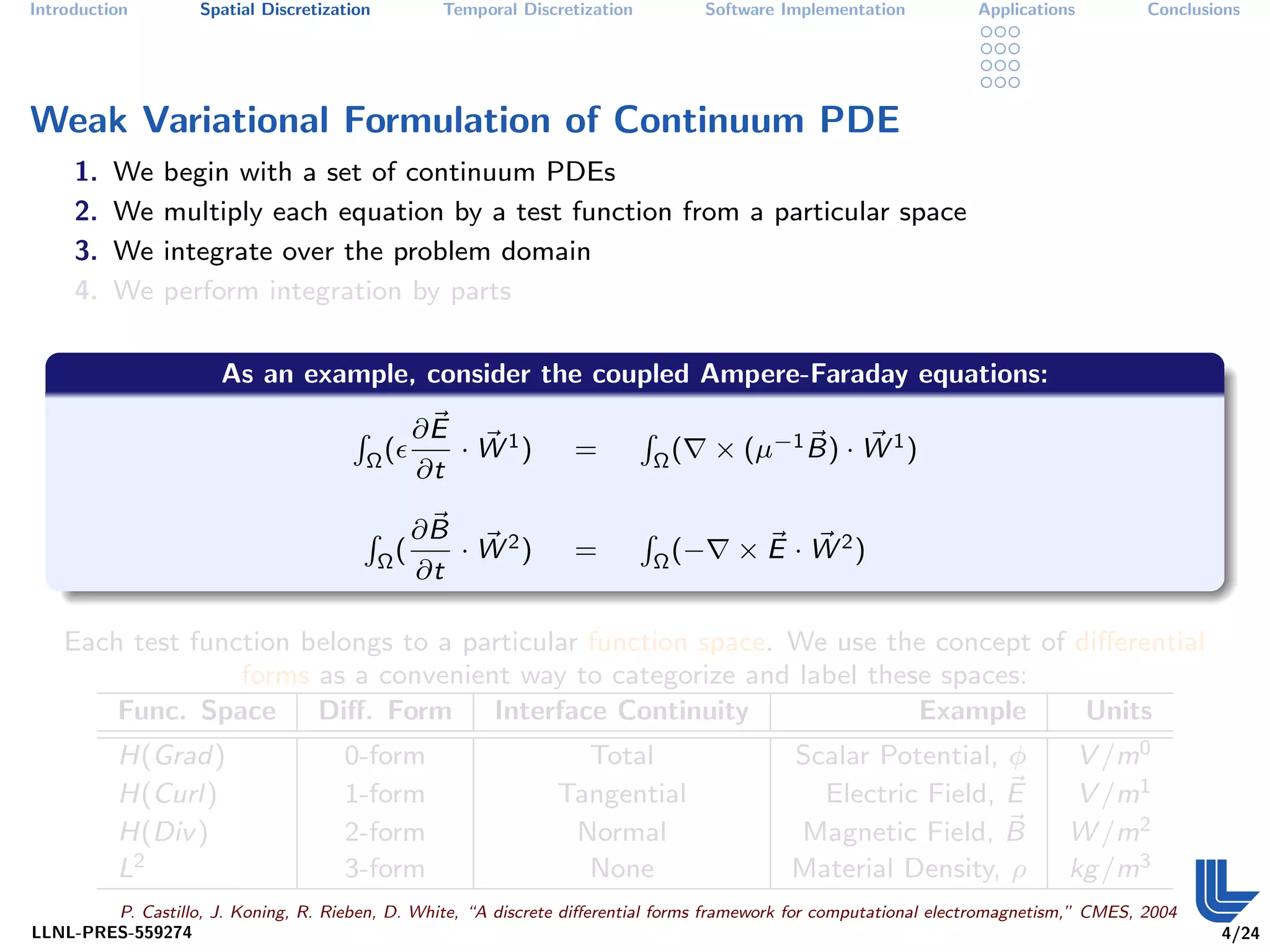 Introduction        Spatial Discretization          Temporal Discretization            Software Implementation     Applications         Conclusions




Weak Variational Formulation of Continuum PDE
     1.   We    begin with a set of continuum PDEs
     2.   We    multiply each equation by a test function from a particular space
     3.   We    integrate over the problem domain
     4.   We    perform integration by parts

                       As an example, consider the coupled Ampere-Faraday equations:
                                                  ∂E
                                                     · W 1)                              × (µ−1 B) · W 1 )
                                       R                                      R
                                           Ω(                      =              Ω(
                                                  ∂t

                                                  ∂B
                                                     · W 2)                               × E · W 2)
                                         R                                    R
                                             Ω(                    =              Ω (−
                                                  ∂t

    Each test function belongs to a particular function space. We use the concept of diﬀerential
                  forms as a convenient way to categorize and label these spaces:
        Func. Space     Diﬀ. Form Interface Continuity                  Example       Units
          H(Grad)                     0-form                       Total                        Scalar Potential, φ            V /m0
          H(Curl)                     1-form                     Tangential                       Electric Field, E            V /m1
          H(Div )                     2-form                      Normal                        Magnetic Field, B             W /m2
          L2                          3-form                       None                         Material Density, ρ           kg /m3
        P. Castillo, J. Koning, R. Rieben, D. White, “A discrete diﬀerential forms framework for computational electromagnetism,” CMES, 2004
LLNL-PRES-559274                                                                                                                                4/24
 