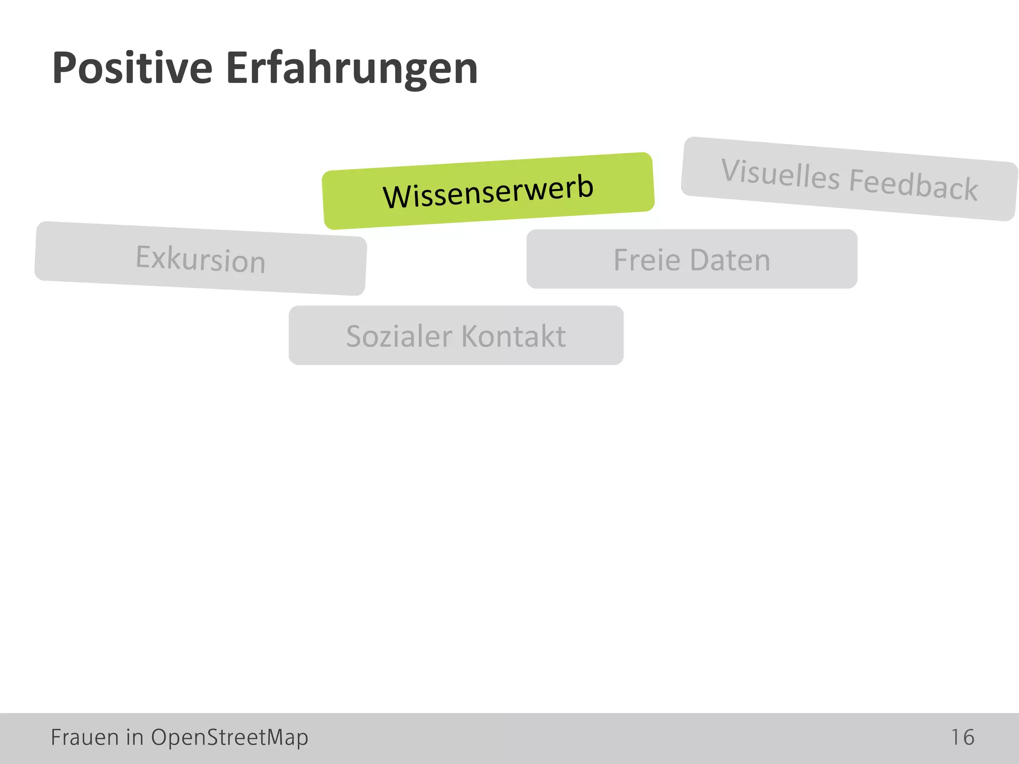 Frauen in OpenStreetMap 16
Positive Erfahrungen
Sozialer Kontakt
Freie Daten
 