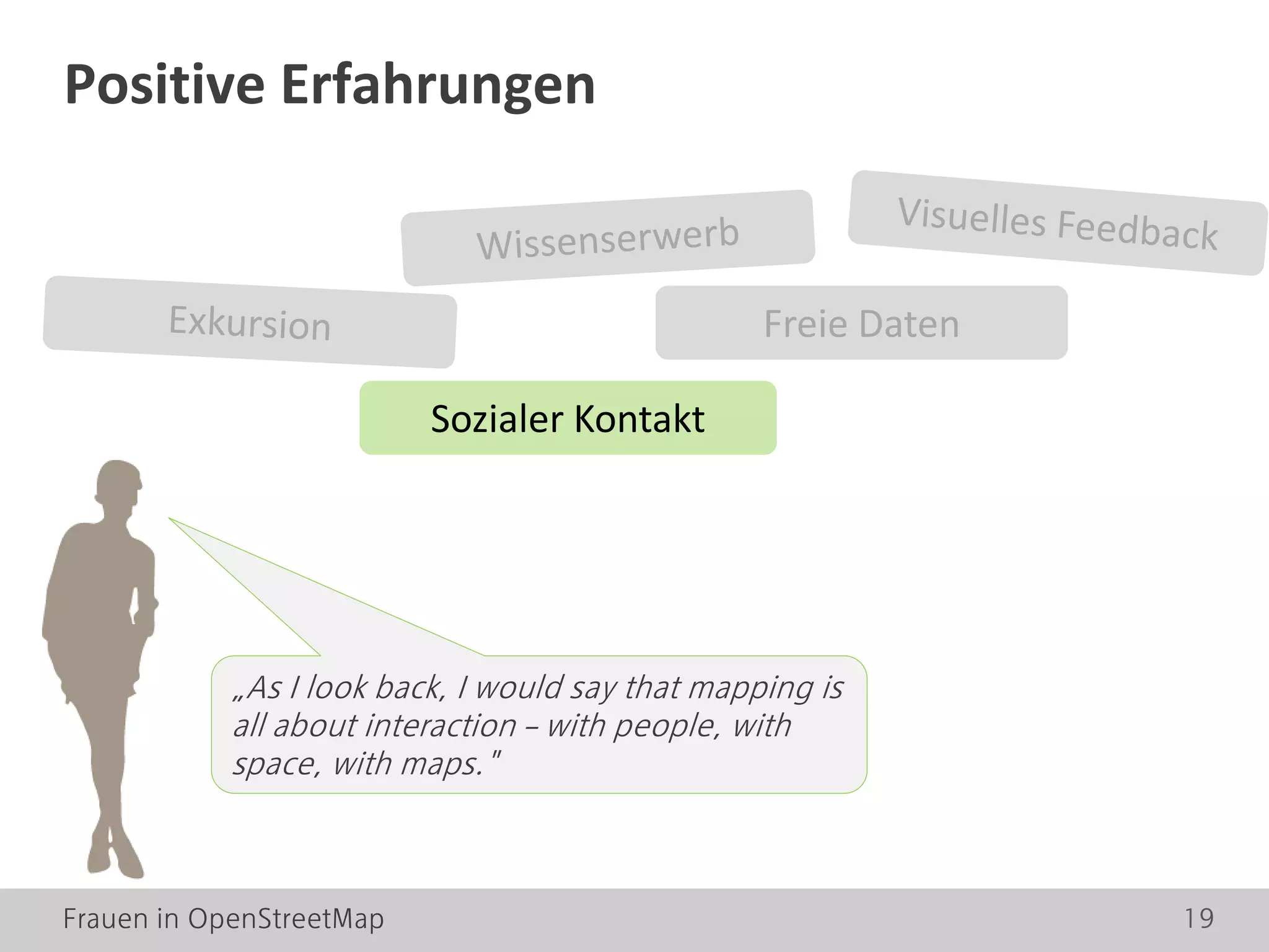 Frauen in OpenStreetMap 19
Positive Erfahrungen
„As I look back, I would say that mapping is
all about interaction – with people, with
space, with maps."
Freie Daten
Sozialer Kontakt
 