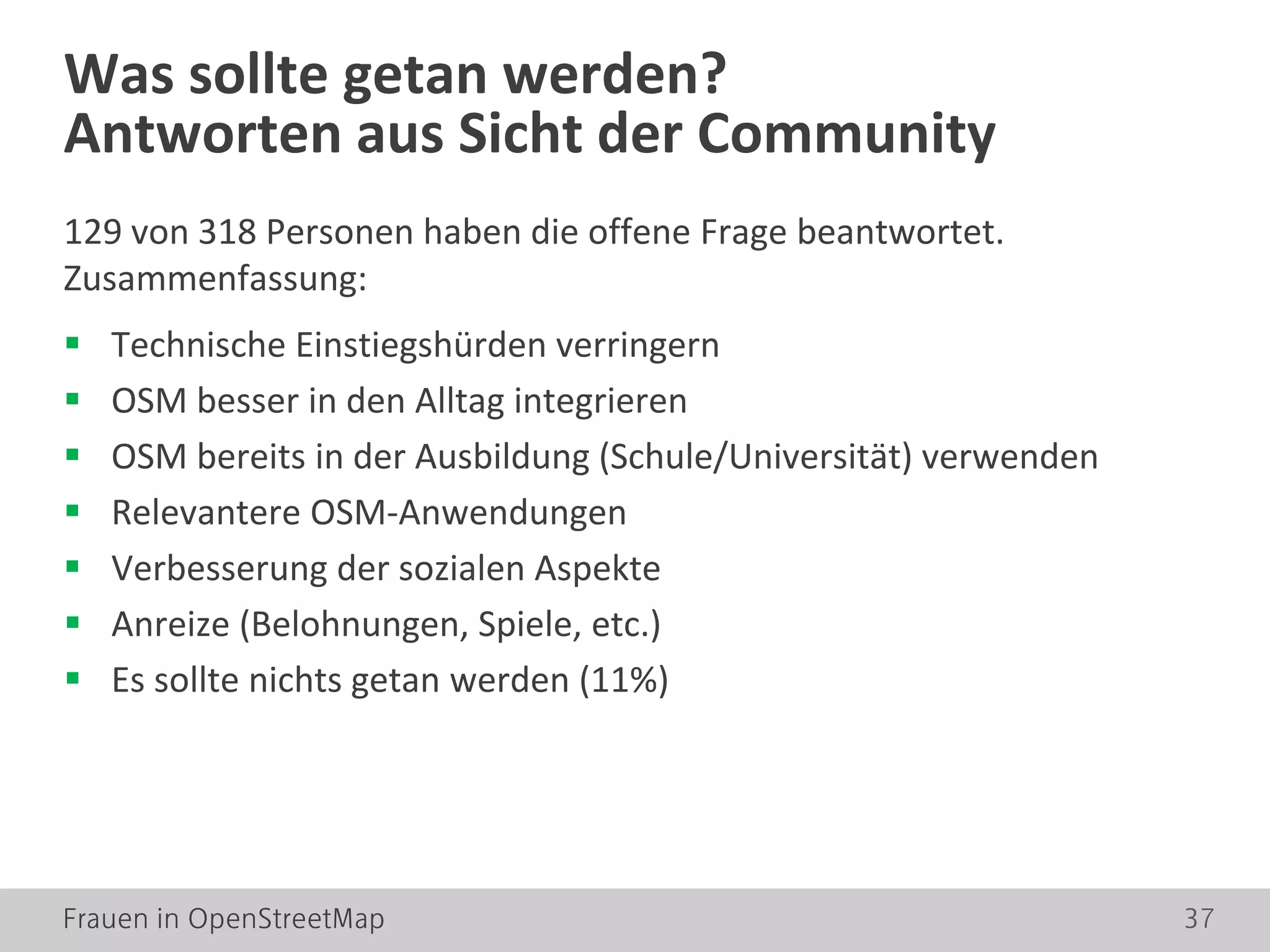 Frauen in OpenStreetMap 37
129 von 318 Personen haben die offene Frage beantwortet.
Zusammenfassung:
 Technische Einstiegshürden verringern
 OSM besser in den Alltag integrieren
 OSM bereits in der Ausbildung (Schule/Universität) verwenden
 Relevantere OSM-Anwendungen
 Verbesserung der sozialen Aspekte
 Anreize (Belohnungen, Spiele, etc.)
 Es sollte nichts getan werden (11%)
Was sollte getan werden?
Antworten aus Sicht der Community
 
