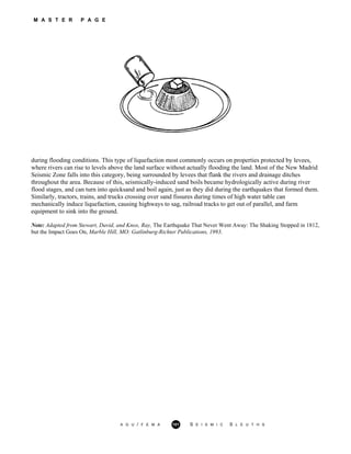 M A S T E R P A G E
during flooding conditions. This type of liquefaction most commonly occurs on properties protected by levees,
where rivers can rise to levels above the land surface without actually flooding the land. Most of the New Madrid
Seismic Zone falls into this category, being surrounded by levees that flank the rivers and drainage ditches
throughout the area. Because of this, seismically-induced sand boils became hydrologically active during river
flood stages, and can turn into quicksand and boil again, just as they did during the earthquakes that formed them.
Similarly, tractors, trains, and trucks crossing over sand fissures during times of high water table can
mechanically induce liquefaction, causing highways to sag, railroad tracks to get out of parallel, and farm
equipment to sink into the ground.
Note: Adapted from Stewart, David, and Knox, Ray, The Earthquake That Never Went Away: The Shaking Stopped in 1812,
but the Impact Goes On, Marble Hill, MO: Gatlinburg-Richter Publications, 1993.
A G U / F E M A 101 S E I S M I C S L E U T H S
 