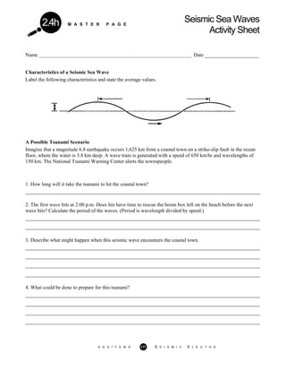 M A S T E R P A G E
Seismic Sea Waves
Activity Sheet
2.4h
Name _________________________________________________________________ Date _____________________
Characteristics of a Seismic Sea Wave
Label the following characteristics and state the average values.
A Possible Tsunami Scenario
Imagine that a magnitude 6.8 earthquake occurs 1,625 km from a coastal town on a strike-slip fault in the ocean
floor, where the water is 3.8 km deep. A wave train is generated with a speed of 650 km/hr and wavelengths of
150 km. The National Tsunami Warning Center alerts the townspeople.
1. How long will it take the tsunami to hit the coastal town?
___________________________________________________________________________________________
2. The first wave hits at 2:00 p.m. Does Jen have time to rescue the boom box left on the beach before the next
wave hits? Calculate the period of the waves. (Period is wavelength divided by speed.)
___________________________________________________________________________________________
___________________________________________________________________________________________
3. Describe what might happen when this seismic wave encounters the coastal town.
___________________________________________________________________________________________
___________________________________________________________________________________________
___________________________________________________________________________________________
___________________________________________________________________________________________
4. What could be done to prepare for this tsunami?
___________________________________________________________________________________________
___________________________________________________________________________________________
___________________________________________________________________________________________
___________________________________________________________________________________________
A G U / F E M A 117 S E I S M I C S L E U T H S
 