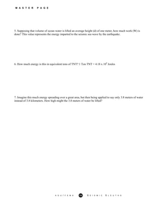 M A S T E R P A G E
5. Supposing that volume of ocean water is lifted an average height (d) of one meter, how much work (W) is
done? This value represents the energy imparted to the seismic sea wave by the earthquake.
6. How much energy is this in equivalent tons of TNT? 1 Ton TNT = 4.18 x 109
Joules
7. Imagine this much energy spreading over a great area, but then being applied to say only 3.8 meters of water
instead of 3.8 kilometers. How high might the 3.8 meters of water be lifted?
A G U / F E M A 122 S E I S M I C S L E U T H S
 
