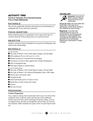 VOCABULARY
Epicenter: the point on
Earth’s surface directly
above the focus of an
earthquake.
ACTIVITY TWO
THE PLOT THICKENS: PLOTTING EARTHQUAKE
FOCI IN THREE DIMENSIONS
R A T I O N A L E
This activity graphically illustrates the patterns in the distribution of
earthquake foci in one relatively small area.
F O C U S Q U E S T I O N
What would the pattern of earthquakes in one region look like if it
could be observed in three dimensions over a period of time?
O B J E C T I V E
Students will plot location and depth for one group of earthquakes and
observe their relationships.
M A T E R I A L S
for the teacher
One copy of Master 3.4d, Central Japan (2 pages, left and right)
Stiff cardboard, 30 cm x 60 cm (1 ft. x 2 ft.)
Phillips screwdriver to punch holes for hanging
Four pieces of cord or other support (See Teacher Preparation.)
Glue or transparent tape
Wall map of Japan or student atlases
for each small group
One copy of Master 3.4d, Central Japan (2 pages, left and right)
One copy of Master 3.4e, Selected Earthquakes Since 1980, Japan
Pencils, pens, and metric rulers
Transparent tape
Small craft beads such as 12 mm or 8 nun
Dental floss or other strong, fine string
Scissors
One size 8-d nail
P R O C E D U R E
Teacher Preparation
Use a copier to enlarge the two-part map until it can cover most of the
cardboard. Glue or tape the map to the top side of the cardboard.
Attach cord to the four corners and hang it from the ceiling, or rest it
on supports above the floor at a height that will be about eye level for
most students. Make standard-size copies of the two-part map for desk
use.
Focus (pl. foci): the point within the
Earth that is the origin of an
earthquake, where strain energy is
first released as wave energy.
Magnitude: a number that
characterizes the size of an
earthquake by recording ground
shaking on a seismograph and
correcting for the distance to the
epicenter of the earthquake.
Magnitude is expressed in Arabic
numbers.
A G U / F E M A 196 S E I S M I C S L E U T H S
 