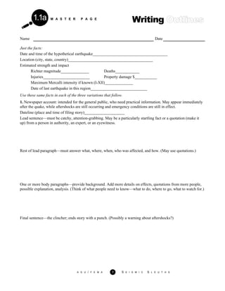 M A S T E R P A G E
Writing1.1a
Name Date
Just the facts:
Date and time of the hypothetical earthquake_____________________________________
Location (city, state, country)__________________________________________
Estimated strength and impact
Richter magnitude______________ Deaths____________
Injuries_______________________ Property damage $___________
Maximum Mercalli intensity if known (I-XII)______________
Date of last earthquake in this region____________________________
Use these same facts in each of the three variations that follow.
1. Newspaper account: intended for the general public, who need practical information. May appear immediately
after the quake, while aftershocks are still occurring and emergency conditions are still in effect.
Dateline (place and time of filing story)____________________
Lead sentence—must be catchy, attention-grabbing. May be a particularly startling fact or a quotation (make it
up) from a person in authority, an expert, or an eyewitness.
Rest of lead paragraph—must answer what, where, when, who was affected, and how. (May use quotations.)
One or more body paragraphs—provide background. Add more details on effects, quotations from more people,
possible explanation, analysis. (Think of what people need to know—what to do, where to go, what to watch for.)
Final sentence—the clincher; ends story with a punch. (Possibly a warning about aftershocks?)
A G U / F E M A 7 S E I S M I C S L E U T H S
 