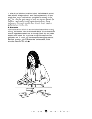5. Now ask the students what would happen if you shook the base of
each building. Test a few gently while the students observe. What if
you held the base of each structure and pushed horizontally on the
top? Test a few, but again, try not to break any structure. Explain that
buildings experience horizontal loads or dynamic forces during
earthquakes. One way to simulate these forces is simply to push or
pull a structure from the side.
C. Conclusion
Tell students that at the end of this unit there will be another building
activity, but this time it will be a contest to design and build structures
that can support a horizontal load. What they learn in this unit can be
applied in the contest. Let them know there will be clearly defined
parameters and all groups will have an equal opportunity to succeed.
Label the structures with SET names and put them aside for the
contest at the end of this unit.
A G U / F E M A 230 S E I S M I C S L E U T H S
 