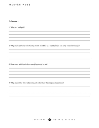 M A S T E R P A G E
C. Summary
1. What is a load path?
___________________________________________________________________________________________
___________________________________________________________________________________________
___________________________________________________________________________________________
___________________________________________________________________________________________
2. Why must additional structural elements be added to a wall before it can carry horizontal forces?
___________________________________________________________________________________________
___________________________________________________________________________________________
___________________________________________________________________________________________
___________________________________________________________________________________________
3. How many additional elements did you need to add?
___________________________________________________________________________________________
___________________________________________________________________________________________
___________________________________________________________________________________________
___________________________________________________________________________________________
4. Why doesn’t the force take some path other than the one you diagrammed?
___________________________________________________________________________________________
___________________________________________________________________________________________
___________________________________________________________________________________________
___________________________________________________________________________________________
A G U / F E M A 242 S E I S M I C S L E U T H S
 