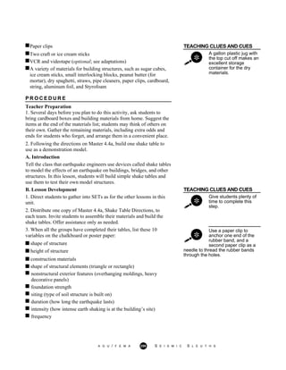 Paper clips TEACHING CLUES AND CUES
Two craft or ice cream sticks
VCR and videotape (optional; see adaptations)
A gallon plastic jug with
the top cut off makes an
excellent storage
container for the dry
materials.
A variety of materials for building structures, such as sugar cubes,
ice cream sticks, small interlocking blocks, peanut butter (for
mortar), dry spaghetti, straws, pipe cleaners, paper clips, cardboard,
string, aluminum foil, and Styrofoam
P R O C E D U R E
Teacher Preparation
1. Several days before you plan to do this activity, ask students to
bring cardboard boxes and building materials from home. Suggest the
items at the end of the materials list; students may think of others on
their own. Gather the remaining materials, including extra odds and
ends for students who forget, and arrange them in a convenient place.
2. Following the directions on Master 4.4a, build one shake table to
use as a demonstration model.
A. Introduction
Tell the class that earthquake engineers use devices called shake tables
to model the effects of an earthquake on buildings, bridges, and other
structures. In this lesson, students will build simple shake tables and
use them to test their own model structures.
TEACHING CLUES AND CUES
Give students plenty of
time to complete this
step.
Use a paper clip to
anchor one end of the
rubber band, and a
second paper clip as a
B. Lesson Development
1. Direct students to gather into SETs as for the other lessons in this
unit.
2. Distribute one copy of Master 4.4a, Shake Table Directions, to
each team. Invite students to assemble their materials and build the
shake tables. Offer assistance only as needed.
3. When all the groups have completed their tables, list these 10
variables on the chalkboard or poster paper:
shape of structure
height of structure
construction materials
shape of structural elements (triangle or rectangle)
needle to thread the rubber bands
through the holes.
nonstructural exterior features (overhanging moldings, heavy
decorative panels)
foundation strength
siting (type of soil structure is built on)
duration (how long the earthquake lasts)
intensity (how intense earth shaking is at the building’s site)
frequency
A G U / F E M A 259 S E I S M I C S L E U T H S
 
