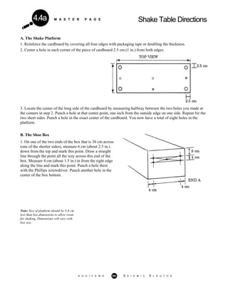 M A S T E R P A G E Shake Table Directions4.4a
A. The Shake Platform
1. Reinforce the cardboard by covering all four edges with packaging tape or doubling the thickness.
2. Center a hole in each corner of the piece of cardboard 2.5 cm (1 in.) from both edges.
3. Locate the center of the long side of the cardboard by measuring halfway between the two holes you made at
the comers in step 2. Punch a hole at that center point, one inch from the outside edge on one side. Repeat for the
two short sides. Punch a hole in the exact center of the cardboard. You now have a total of eight holes in the
platform.
B. The Shoe Box
1. On one of the two ends of the box that is 30 cm across
(one of the shorter sides), measure 6 cm (about 2.5 in.)
down from the top and mark this point. Draw a straight
line through the point all the way across this end of the
box. Measure 4 cm (about 1.5 in.) in from the right edge
along the line and mark this point. Punch a hole there
with the Phillips screwdriver. Punch another hole in the
center of the box bottom.
Note: Size of platform should be 5-8 cm
less than box dimensions to allow room
for shaking. Dimensions will vary with
box size.
A G U / F E M A 262 S E I S M I C S L E U T H S
 