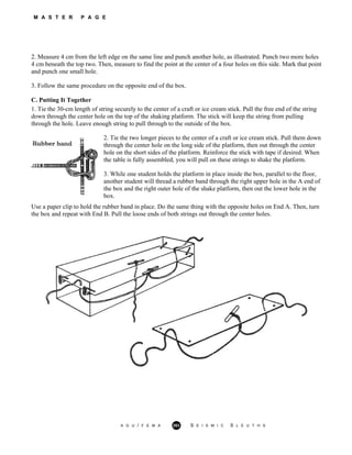 M A S T E R P A G E
2. Measure 4 cm from the left edge on the same line and punch another hole, as illustrated. Punch two more holes
4 cm beneath the top two. Then, measure to find the point at the center of a four holes on this side. Mark that point
and punch one small hole.
3. Follow the same procedure on the opposite end of the box.
C. Putting It Together
1. Tie the 30-cm length of string securely to the center of a craft or ice cream stick. Pull the free end of the string
down through the center hole on the top of the shaking platform. The stick will keep the string from pulling
through the hole. Leave enough string to pull through to the outside of the box.
2. Tie the two longer pieces to the center of a craft or ice cream stick. Pull them down
through the center hole on the long side of the platform, then out through the center
hole on the short sides of the platform. Reinforce the stick with tape if desired. When
the table is fully assembled, you will pull on these strings to shake the platform.
3. While one student holds the platform in place inside the box, parallel to the floor,
another student will thread a rubber band through the right upper hole in the A end of
the box and the right outer hole of the shake platform, then out the lower hole in the
box.
Use a paper clip to hold the rubber band in place. Do the same thing with the opposite holes on End A. Then, turn
the box and repeat with End B. Pull the loose ends of both strings out through the center holes.
A G U / F E M A 263 S E I S M I C S L E U T H S
 