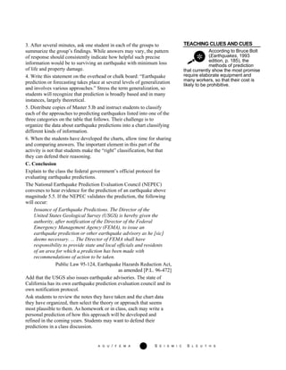 A G U / F E M A 277 S E I S M I C S L E U T H S
TEACHING CLUES AND CUES
According to Bruce Bolt
(Earthquakes, 1993
edition, p. 185), the
methods of prediction
3. After several minutes, ask one student in each of the groups to
summarize the group’s findings. While answers may vary, the pattern
of response should consistently indicate how helpful such precise
information would be to surviving an earthquake with minimum loss
of life and property damage.
4. Write this statement on the overhead or chalk board: “Earthquake
prediction or forecasting takes place at several levels of generalization
and involves various approaches.” Stress the term generalization, so
students will recognize that prediction is broadly based and in many
instances, largely theoretical.
5. Distribute copies of Master 5.lb and instruct students to classify
each of the approaches to predicting earthquakes listed into one of the
three categories on the table that follows. Their challenge is to
organize the data about earthquake predictions into a chart classifying
different kinds of information.
6. When the students have developed the charts, allow time for sharing
and comparing answers. The important element in this part of the
activity is not that students make the “right” classification, but that
they can defend their reasoning.
C. Conclusion
Explain to the class the federal government’s official protocol for
evaluating earthquake predictions.
The National Earthquake Prediction Evaluation Council (NEPEC)
convenes to hear evidence for the prediction of an earthquake above
magnitude 5.5. If the NEPEC validates the prediction, the following
will occur:
that currently show the most promise
require elaborate equipment and
many workers, so that their cost is
likely to be prohibitive.
Issuance of Earthquake Predictions. The Director of the
United States Geological Survey (USGS) is hereby given the
authority, after notification of the Director of the Federal
Emergency Management Agency (FEMA), to issue an
earthquake prediction or other earthquake advisory as he [sic]
deems necessary. ... The Director of FEMA shall have
responsibility to provide state and local officials and residents
of an area for which a prediction has been made with
recommendations of action to be taken.
Public Law 95-124, Earthquake Hazards Reduction Act,
as amended [P.L. 96-472]
Add that the USGS also issues earthquake advisories. The state of
California has its own earthquake prediction evaluation council and its
own notification protocol.
Ask students to review the notes they have taken and the chart data
they have organized, then select the theory or approach that seems
most plausible to them. As homework or in class, each may write a
personal prediction of how this approach will be developed and
refined in the coming years. Students may want to defend their
predictions in a class discussion.
 