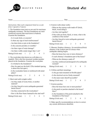 M A S T E R P A G E Structural list5.3a
Name ___________________________________________________________ Date ______________________
Instructions. Rate each component listed on a scale
from 1 (good) to 5 (poor).
1. The foundation must react as one unit for maximum
earthquake resistance. The best foundations are steel-
reinforced concrete that reach down to bedrock.
Examine the foundation.
- Is it wood, brick, or concrete?
- Is there any sign of steel reinforcement?
- Are there holes or pits in the foundation?
- Is the concrete powdery or crumbly?
- Are there signs of water damage?
- Are there visible cracks longer than 1 cm?
Rating (Circle one): 1 2 3 4 5
2. The wood plate (also known as a sill plate or a
mudsill). This is the first structural wooden member
placed on the foundation. Examine the wood plate.
- Is it bolted to the foundation?
- How far apart are the bolts? (The standard spacing
is about four feet apart.)
- Is the wood plate fasten or reinforced with metal
plates?
Rating (Circle one): 1 2 3 4 5
3. Short stud walls (cripple walls)
- Are they made of wood, brick, or another
material?
- Are they braced to resist earthquake-generated
lateral forces?
- Are they connected to the wood plates?
- How is the floor frame fastened to the stud wall?
Rating (Circle one): 1 2 3 4 5
4. Exterior walls (shear walls)
- What are the exterior walls made of? (brick,
block, wood siding?)
- Are they tied together?
- If the walls are brick, block, or stone, what is the
condition of the mortar?
- Are they braced to resist earthquake-generated
lateral forces?
Rating (Circle one): 1 2 3 4 5
5. Masonry fireplace chimneys. An unreinforced brick
chimney is the weakest part of a house when
earthquake shaking begins.
- Does the house have one or more chimneys?
- Is each chimney’s foundation part of the house?
- What are the chimneys made of?
- Are they reinforced and designed to be earthquake
resistant?
Rating (Circle one): 1 2 3 4 5
6. Utilities and their mountings
- Is the gas main mounted on flexible pipes?
- Is the electrical service firmly mounted?
- Is the main water shutoff accessible?
Rating (Circle one): 1 2 3 4 5
7. Exterior porches
- Does the house have one or more porches?
- Is the porch or porches attached to the house?
How?
- Is the foundation of the porch attached to the
foundation of the house?
Rating (Circle one): 1 2 3 4 5
8. Make specific recommendations on how to correct
any seismic deficiencies identified.
A G U / F E M A 303 S E I S M I C S L E U T H S
 