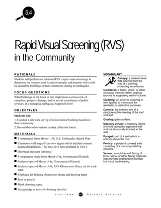 5.4
RapidVisualScreening(RVS)
in the Community
VOCABULARY
Canopy: a covered area
that extends from the
wall of a building,
protecting an entrance.
R A T I O N A L E
Students will perform an informal RVS (rapid visual screening) to
determine the nonstructural hazards to people and property that could
be caused by buildings in their community during an earthquake.
F O C U S Q U E S T I O N S
What buildings in my town or city might pose a serious risk of
casualties, property damage, and/or severe curtailment of public
services, if a damaging earthquake happened here?
O B J E C T I V E S
Students will:
1. Conduct a sidewalk survey of nonstructural building hazards in
their community.
2. Record their observations on data collection forms.
M A T E R I A L S
Transparency from Master 1.3b, U.S. Earthquake Hazard Map
Classroom wall map of your own region which includes seismic
hazard designations. This may have been prepared in Unit 1.
Overhead projector (optional)
Transparency made from Master 5.4a, Nonstructural Hazards
Student copies of Master 5.4a, Nonstructural Hazards
Student copies of Master 5.4b, RVS Observation Sheet, six for each
team
Clipboard for holding observation sheets and drawing paper
Pens or pencils
Blank drawing paper
Straightedge or ruler for drawing sketches
Cantilever: a beam, girder, or other
structural member which projects
beyond its supporting wall or column.
Cladding: an external covering or
skin applied to a structure for
aesthetic or protective purposes.
Cornice: the exterior trim of a
structure at the meeting of the roof
and wall.
Glazing: glass surface.
Masonry veneer: a masonry (stone
or brick) facing laid against a wall
and not structurally bonded to the
wall.
Parapet: part of a wall which is
entirely above the roof.
Portico: a porch or covered walk
consisting of a roof supported by
columns.
Veneer: an outside wall facing of
brick, stone, or other facing materials
that provides a decorative surface
but is not load-bearing.
A G U / F E M A 311 S E I S M I C S L E U T H S
 