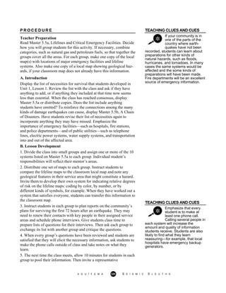 TEACHING CLUES AND CUES
If your community is in
one of the parts of the
country where earth-
quakes have not been
recorded, students can learn about
preparations for other kinds of
natural hazards, such as floods,
hurricanes, and tornadoes. In many
cases the same systems would be
affected and the some kinds of
preparations will have been made.
Fire departments will be an excellent
source of emergency information.
TEACHING CLUES AND CUES
Emphasize that every
student is to make at
least one phone call.
Calling several people in
P R O C E D U R E
Teacher Preparation
Read Master 5.5a, Lifelines and Critical Emergency Facilities. Decide
how you will group students for this activity. If necessary, combine
categories, such as natural gas and petroleum fuels, so that together the
groups cover all the areas. For each group, make one copy of the local
map(s) with locations of major emergency facilities and lifeline
systems. Also make one copy of a local map showing geological haz-
ards, if your classroom map does not already have this information.
A. Introduction
Display the list of necessities for survival that students developed in
Unit 1, Lesson 1. Review the list with the class and ask if they have
anything to add, or if anything they included at that time now seems
less than essential. When the class has reached consensus, display
Master 5.5a or distribute copies. Does the list include anything
students have omitted? To reinforce the connections among the many
kinds of damage earthquakes can cause, display Master 5.5b, A Chain
of Disasters. Have students revise their list of necessities again to
incorporate anything they may have missed. Emphasize the
importance of emergency facilities—such as hospitals, fire stations,
and police departments—and of public utilities—such as telephone
lines, electric power systems, water supply systems, and transportation
into and out of the affected area.
B. Lesson Development
1. Divide the class into small groups and assign one or more of the 10
systems listed on Master 5.5a to each group. Individual student’s
responsibilities will reflect their mentor’s areas.
2. Distribute one set of maps to each group. Instruct students to
compare the lifeline maps to the classroom local map and note any
geological features in their service area that might constitute a hazard.
Invite them to develop their own system for indicating relative degrees
of risk on the lifeline maps: coding by color, by number, or by
different kinds of symbols, for example. When they have worked out a
system that satisfies everyone, students can transfer this information to
the classroom map.
3. Instruct students in each group to plan reports on the community’s
plans for surviving the first 72 hours after an earthquake. They may
need to renew their contacts with key people in their assigned service
areas and schedule phone interviews. Give students class time to
prepare lists of questions for their interviews. Then ask each group to
exchange its list with another group and critique the questions.
4. When every group’s questions have been reviewed and students are
satisfied that they will elicit the necessary information, ask students to
make the phone calls outside of class and take notes on what they
learn.
5. The next time the class meets, allow 10 minutes for students in each
group to pool their information. Then invite a representative
each system will increase the
amount and quality of information
students receive. Students are also
likely to find what they learn
reassuring—for example, that local
hospitals have emergency backup
generators.
A G U / F E M A 320 S E I S M I C S L E U T H S
 