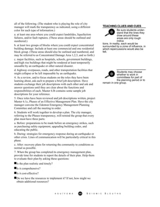 TEACHING CLUES AND CUES
Be sure students under-
stand that the lines they
draw around these
areas are only rough
indica
tions. In reality, each would be
surrounded by a zone of influence, in
which repercussions would also be
felt.
Students may choose
whether to work in
committees for part of
the planning period or to
all of the following. (The student who is playing the role of city
manager will mark the transparency as indicated, using a different
color for each type of information.)
a. at least one area where you could expect landslides, liquefaction
failures, and/or fault ruptures. (These areas should be outlined and
numbered.)
b. at least two groups of blocks where you could expect concentrated
building damage. Include at least one commercial and one residential
block group. (These areas should also be outlined and numbered, and
may be referred to as Concentrated Damage Area 1,2,3, and so forth.)
c. major facilities, such as hospitals, schools, government buildings,
and high rise buildings that might be rendered at least temporarily
unusable by an earthquake or other natural disaster.
d. highway overpasses, roads, and other transportation facilities that
might collapse or be left impassable by an earthquake.
4. As a review, and to focus students on the roles they have been
learning about, ask each to prepare a brief job description. Have
students exchange their job descriptions with each other and ask and
answer questions until they are clear about the functions and
responsibilities of each. Master 6.lb contains some sample job
descriptions for your reference.
5. Once roles have been reviewed and job descriptions written, project
Master 6.1c, Phases of an Effective Management Plan. Have the city
manager convene the Edenton Emergency Management Planning
Committee and call the meeting to order.
6. Students will work together to develop a plan. The city manager,
referring to the Phases transparency, will remind the group that every
plan must have three parts:
a. Before: preparations to be made before an emergency strikes, such
as purchasing safety equipment, upgrading building codes, and
educating the public.
b. During: strategies for emergency response during an earthquake or
other crisis. Lines of communication will be particularly critical in this
phase.
c. After: recovery plans for returning the community to conditions as
normal as possible.
7. When the group has completed its emergency management plan,
provide time for students to report the details of their plan. Help them
to evaluate their plan by asking these questions:
remain in one group.
Is the plan realistic and timely?
Is it comprehensive?
Is it cost-effective?
Do we have the resources to implement it? If not, how might we
obtain additional resources?
A G U / F E M A 333 S E I S M I C S L E U T H S
 