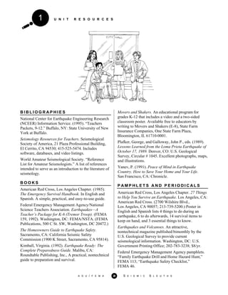 U N I T R E S O U R C E S1
B I B L I O G R A P H I E S
National Center for Earthquake Engineering Research
(NCEER) Information Service. (1995). “Teachers
Packets, 9-12.” Buffalo, NY: State University of New
York at Buffalo.
Seismology Resources for Teachers. Seismological
Society of America, 21 Plaza Professional Building,
El Cerrito, CA 94530; 415-525-5474. Includes
software, databases, and video listings.
World Amateur Seismological Society. “Reference
List for Amateur Seismologists.” A list of references
intended to serve as an introduction to the literature of
seismology.
B O O K S
American Red Cross, Los Angeles Chapter. (1985).
The Emergency Survival Handbook. In English and
Spanish. A simple, practical, and easy-to-use guide.
Federal Emergency Management Agency/National
Science Teachers Association. Earthquakes—A
Teacher’s Package for K-6 (Tremor Troop). (FEMA
159, 1992). Washington, DC: FEMA/NSTA. (FEMA
Publications, 500 C St. SW, Washington, DC 20472.)
The Homeowners Guide to Earthquake Safety.
Sacramento, CA: California Seismic Safety
Commission (1900 K Street, Sacramento, CA 95814).
Kimball, Virginia. (1992). Earthquake Ready: The
Complete Preparedness Guide. Malibu, CA:
Roundtable Publishing, Inc., A practical, nontechnical
guide to preparation and survival.
Movers and Shakers. An educational program for
grades K-12 that includes a video and a two-sided
classroom poster. Available free to educators by
writing to Movers and Shakers (E-8), State Farm
Insurance Companies, One State Farm Plaza,
Bloomington, IL 61710-0001.
Plafker, George, and Galloway, John P., eds. (1989).
Lessons Learned from the Loma Prieta Earthquake of
October 17, 1989. Denver, CO: U.S. Geological
Survey, Circular # 1045. Excellent photographs, maps,
and illustrations.
Yanev, P. (1991). Peace of Mind in Earthquake
Country. How to Save Your Home and Your Life.
San Francisco, CA: Chronicle.
P A M P H L E T S A N D P E R I O D I C A L S
American Red Cross, Los Angeles Chapter. 27 Things
to Help You Survive an Earthquake. Los Angeles, CA:
American Red Cross. (2700 Wilshire Blvd.,
Los Angeles, CA 90057; 213-739-5200.) Poster in
English and Spanish lists 4 things to do during an
earthquake, 6 to do afterwards, 14 survival items to
keep on hand, and 3 essential things to know.
Earthquakes and Volcanoes. An attractive,
nontechnical magazine published bimonthly by the
U.S. Geological Survey to provide current
seismological information. Washington, DC: U.S.
Government Printing Office; 202-783-3238; $8/yr.
Federal Emergency Management Agency pamphlets.
“Family Earthquake Drill and Home Hazard Hunt,”
FEMA 113; “Earthquake Safety Checklist,”
FEMA 46.
A G U / F E M A 25 S E I S M I C S L E U T H S
 