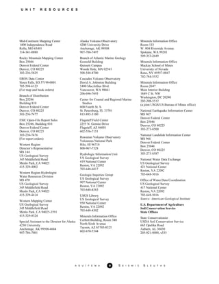 U N I T R E S O U R C E S
Mid-Continent Mapping Center
1400 Independence Road
Rolla, MO 65401
314-341-0880
Rocky Mountain Mapping Center
Box 25046
Denver Federal Center
Denver, CO 80225
303-236-5825
EROS Data Center
Sioux Falls, SD 57198-0001
705-594-6123
(For map and book orders)
Branch of Distribution
Box 25286
Building 810
Denver Federal Center
Denver, CO 80225
303-236-7477
ESIC Open-File Report Sales
Box 25286, Building 810
Denver Federal Center
Denver, CO 80225
303-236-7476
(For report orders)
Western Region
Director’s Representative
MS 144
US Geological Survey
345 Middlefield Road
Menlo Park, CA 94025
415-329-4002
Western Region Hydrologist
Water Resources Division
MS 470
US Geological Survey
345 Middlefield Road
Menlo Park, CA 94025
415-329-4414
Western Mapping Center
US Geological Survey
345 Middlefield Read
Menlo Park, CA 94025-3591
415-329-4524
Special Assistant to the Director for Alaska
4230 University
Anchorage, AK 99508-4664
907-786-7001
Alaska Volcano Observatory
4200 University Drive
Anchorage, AK 99508
907-786-7497
Branch of Atlantic Marine Geology
Gosnold Building
Quissett Campus
Woods Hole, MA 02543
508-548-8700
Cascades Volcano Observatory
David A. Johnston Building
5400 MacArthur Blvd.
Vancouver, WA 98661
206-696-7693
Center for Coastal and Regional Marine
Studies
600 Fourth St. S.
St. Petersburg, FL 33701
813-893-3100
Flagstaff Field Center
2255 N. Gemini Drive
Flagstaff, AZ 86001
602-556-7151
Hawaiian Volcano Observatory
Volcanoes National Park
Hilo, HI 96718
808-967-7328
Hydrologic Information Unit
US Geological Survey
419 National Center
Reston, VA 22092
703-648-6817
Geologic Inquiries Group
US Geological Survey
907 National Center
Reston, VA 22092
703-648-4383
USGS Library
US Geological Survey
950 National Center
Reston, VA 22092
703-648-4302
Minerals Information Office
Corbett Building, Room 340
North Sixth Avenue
Tucson, AZ 85705-8325
602-670-5544
Minerals Information Office
Room 133
W. 904 Riverside Avenue
Spokane, WA 99201
509-353-2649
Minerals Information Office
Mackay School of Mines
University of Nevada
Reno, NV 89557-0047
702-784-5552
Minerals Information Office
Room 2647
Main Interior Building
1849 C St. NW
Washington, DC 20240
202-208-5512
(a joint USGS/US Bureau of Mines office)
National Earthquake Information Center
MS 967
Denver Federal Center
Box 25046
Denver, CO 80225
303-273-8500
National Landslide Information Center
MS 966
Denver Federal Center
Box 25046
Denver, CO 80225
303-273-8587
National Water Data Exchange
US Geological Survey
421 National Center
Reston, VA 22092
703-648-5016
Office of Water Data Coordination
US Geological Survey
417 National Center
Reston, VA 22092
703-648-5016
Source: American Geological Institute
U.S. Department of Agriculture
Soil Conservation Service
State Offices
State Conservationist
USDA Soil Conservation Service
665 Opelika Road
Auburn, AL 36830
205-821-8080, x535
A G U / F E M A 30 S E I S M I C S L E U T H S
 