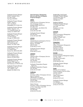 U N I T R E S O U R C E S
Earthquake Program Manager
FEMA Caribbean Office
P.O. Box 70105
San Juan, PR 00936
Earthquake Program Manager
FEMA - Region 3
105 S. Seventh St.
Philadelphia, PA 19106-3316
Earthquake Program Manager
FEMA - Region 4 - NT
1371 Peachtree Street, NE
Atlanta, GA 30309-3108
Earthquake Program Manager
FEMA Region 5 - NT
175 West Jackson
Chicago, IL 60604-2698
Earthquake Program Manager
FEMA Region 6 - NT
800 North Loop 288
Denton, TX 76201-3698
Earthquake Program Manager
FEMA Region 7 - NT
911 Walnut Street
Kansas City, MO 64106-2085
Earthquake Program Manager
FEMA Region 8 - NT
Denver Federal Center
Denver, CO 80225-0267
Earthquake Program Manager
FEMA Region 9 - NT
Presidio of SF, Bldg 105
San Francisco, CA 94129-1250
Earthquake Program Manager
FEMA Region 10, NT
130 - 228th St., S.W.
Bothell, WA 98021-9796
State Emergency Management
Directors and State Earthquake
Program Managers
Alaska
Director
Alaska Division of Emergency Services
New Anchorage Armory
Building 49000, Suite B-210
P.O. Box 5750
Fort Richardson, AK 99505-5750
907-428-7000
(FAX) 907-428-7009
Earthquake Program Manager
907-428-7022
(FAX) 907-428-7009
Arizona
Director
Arizona Division of Emergency Services
5636 E. McDowell Road
Phoenix, AZ 85008
602-231-6245
(FAX) 602-231-6231
Earthquake Program Manager
602-231-6238
(FAX) 602-231-6231
Arkansas
Director
Arkansas Office of Emergency Services
P.O. Box 758
Conway, AR 72032
501-329-5601
(FAX) 501-327-8047
Earthquake Preparedness Program
Supervisor
Earthquake Preparedness Program
501-329-5601
(FAX) 501-327-8047
California
Director
Governor’s Office of Emergency Services
State of California
2800 Meadowview Road
Sacramento, CA 25832-1499
916-427-4990
(FAX) 916-427-4215
Deputy Director
Governor’s Office of Emergency Services
1110 E. Green Street, Suite 300
Pasadena, CA 91106
818-304-8388
(FAX) 818-795-2030
Northern/Bay Area/Coastal
Earthquake Program Manager
101 8th Street, Suite 152
Oakland, CA 94607
510-540-2713
Southern California
Earthquake Program Manager
1110 East Green Street
Suite 300
Pasadena, CA 91106
818-304-8383
Colorado
Director
Office of Emergency Management
Camp George West
Golden, CO 80401-3997
303-273-1622
(FAX) 303-273-1795
Connecticut
State Director
Office of Emergency Management
360 Broad Street
Hartford, CT 06105
203-566-3180/4338
(FAX) 203-247-0664
Georgia
Executive Director
Georgia Emergency Management Agency
P.O. Box 18055
Atlanta GA 30316-0055
404-624-7000
(FAX) 404-624-7205
Earthquake Program Manager
404-624-7000
(FAX) 404-624-7205
Guam
Director of Civil Defense
Guam Emergency Services Office
Territory of Guam
P.O. Box 2877
Agana, Guam 96910
671-477-9841
(FAX) 671-477-3727
Earthquake Program Manager
Civil Defense
671-477-9841/9842
(FAX) 671-477-3727
A G U / F E M A 33 S E I S M I C S L E U T H S
 
