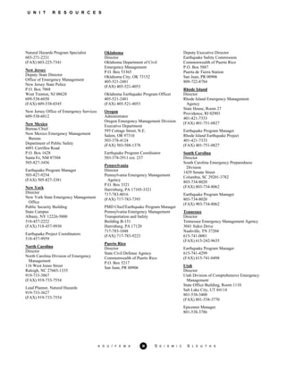 U N I T R E S O U R C E S
Natural Hazards Program Specialist
603-271-2231
(FAX) 603-225-7341
New Jersey
Deputy State Director
Office of Emergency Management
New Jersey State Police
P.O. Box 7068
West Trenton, NJ 08628
609-538-6050
(FAX) 609-538-0345
New Jersey Office of Emergency Services
609-538-6012
New Mexico
Bureau Chief
New Mexico Emergency Management
Bureau
Department of Public Safety
4491 Cerrillos Road
P.O. Box 1628
Santa Fe, NM 87504
505-827-3456
Earthquake Program Manager
505-827-9254
(FAX) 505-827-3381
New York
Director
New York State Emergency Management
Office
Public Security Building
State Campus
Albany, NY 12226-5000
518-457-2222
(FAX) 518-457-9930
Earthquake Project Coordinators
518-457-9959
North Carolina
Director
North Carolina Division of Emergency
Management
116 West Jones Street
Raleigh, NC 27603-1335
919-733-3867
(FAX) 919-733-7554
Lead Planner, Natural Hazards
919-733-3627
(FAX) 919-733-7554
Oklahoma
Director
Oklahoma Department of Civil
Emergency Management
P.O. Box 53365
Oklahoma City, OK 73152
405-521-2481
(FAX) 405-521-4053
Oklahoma Earthquake Program Officer
405-521-2481
(FAX) 405-521-4053
Oregon
Administrator
Oregon Emergency Management Division
Executive Department
595 Cottage Street, N.E.
Salem, OR 97310
503-378-4124
(FAX) 503-588-1378
Earthquake Program Coordinator
503-378-2911 ext. 237
Pennsylvania
Director
Pennsylvania Emergency Management
Agency
P.O. Box 3321
Harrisburg, PA 17105-3321
717-783-8016
(FAX) 717-783-7393
PMD Chief/Earthquake Program Manager
Pennsylvania Emergency Management
Transportation and Safety
Building B-151
Harrisburg, PA 17120
717-783-1048
(FAX) 717-783-9223
Puerto Rico
Director
State Civil Defense Agency
Commonwealth of Puerto Rico
P.O. Box 5217
San Juan, PR 00906
Deputy Executive Director
Earthquake Safety Commission
Commonwealth of Puerto Rico
P.O. Box 5887
Puerta de Tierra Station
San Juan, PR 00906
809-722-8784
Rhode Island
Director
Rhode Island Emergency Management
Agency
State House, Room 27
Providence, RI 02903
401-421-7333
(FAX) 401-751-0827
Earthquake Program Manager
Rhode Island Earthquake Project
401-421-7333
(FAX) 401-751-0827
South Carolina
Director
South Carolina Emergency Preparedness
Division
1429 Senate Street
Columbia, SC 29201-3782
803-734-8020
(FAX) 803-734-8062
Earthquake Program Manager
803-734-8020
(FAX) 903-734-8062
Tennessee
Director
Tennessee Emergency Management Agency
3041 Sidco Drive
Nashville, TN 37204
615-741-0001
(FAX) 615-242-9635
Earthquake Program Manager
615-741-4299
(FAX) 615-741-0498
Utah
Director
Utah Division of Comprehensive Emergency
Management
State Office Building, Room 1110
Salt Lake City, UT 84114
801-538-3400
(FAX) 801-538-3770
Epicenter Manager
801-538-3786
A G U / F E M A 35 S E I S M I C S L E U T H S
 