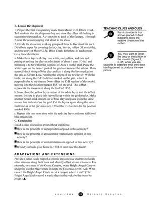 TEACHING CLUES AND CUES
Remind students that
arrows placed on fault
diagrams show the
relative direction of the
motion.
You may want to cover
the copy at the bottom of
the master (Figure 2,
p. 85) while you ask
B. Lesson Development
1. Project the first transparency made from Master 2.3f, Ditch Creek.
Tell students that the diagrams they see show the effect of faulting in
successive earthquakes. As you point to each of the figures, 1 through
5, read the accompanying text aloud to the class.
2. Divide the class into working groups of three to five students each.
Distribute paper for covering desks, clay, knives, rollers (if available),
and one copy of Master 2.3g, Ditch Creek Template, to each group.
Give these directions:
a. Make three layers of clay, one white, one yellow, and one red,
patting or rolling the clay to a thickness of about 1 cm (1/3 in.) and
trimming it to fit within the confines of Area 1 on the grid. Place the
white layer on the Area 1 part of the grid and remove the others. Make
a pencil-thick string of blue clay and lay it along the line marked on
the grid as Stream Line, running the length of the first layer. With the
knife, cut along the E-F fault line marked on the grid, which is
perpendicular to the stream. Now offset the C-D section of the model,
moving it to the position marked 1857 on the grid. This offset
represents the movement along the fault of 1857.
b. Now place the yellow layer on top of the white layer and the offset
stream. Be sure to place this second layer within the grid marks. Make
another pencil-thick stream out of blue clay and place it on the same
stream line indicated on the grid. Cut the layers again along the same
fault line as in the previous step. Offset the C-D section to the position
marked 1906.
c. Repeat this one more time with the red clay layer and one additional
blue streamline.
C. Conclusion
Build a class discussion around these questions:
students to describe what they think
has happened to produce the new
picture.
How is the principle of superposition applied in this activity?
How is the principle of crosscutting relationships applied in this
activity?
How is the principle of uniformitarianism applied in this activity?
Would you build your home in 1994 or later near this fault?
A D A P T A T I O N S A N D E X T E N S I O N S
Provide a small-scale map of a seismic area and ask students to locate
other streams along fault lines and identify offset stream channels. For
example, on a map of the Grand Canyon, locate Bright Angel Canyon
and point out the place where it meets the Colorado River. Ask: What
caused the Bright Angel Creek to cut a canyon where it did? (The
Bright Angel fault caused a weak place in the rock for the water to
erode.)
A G U / F E M A 72 S E I S M I C S L E U T H S
 