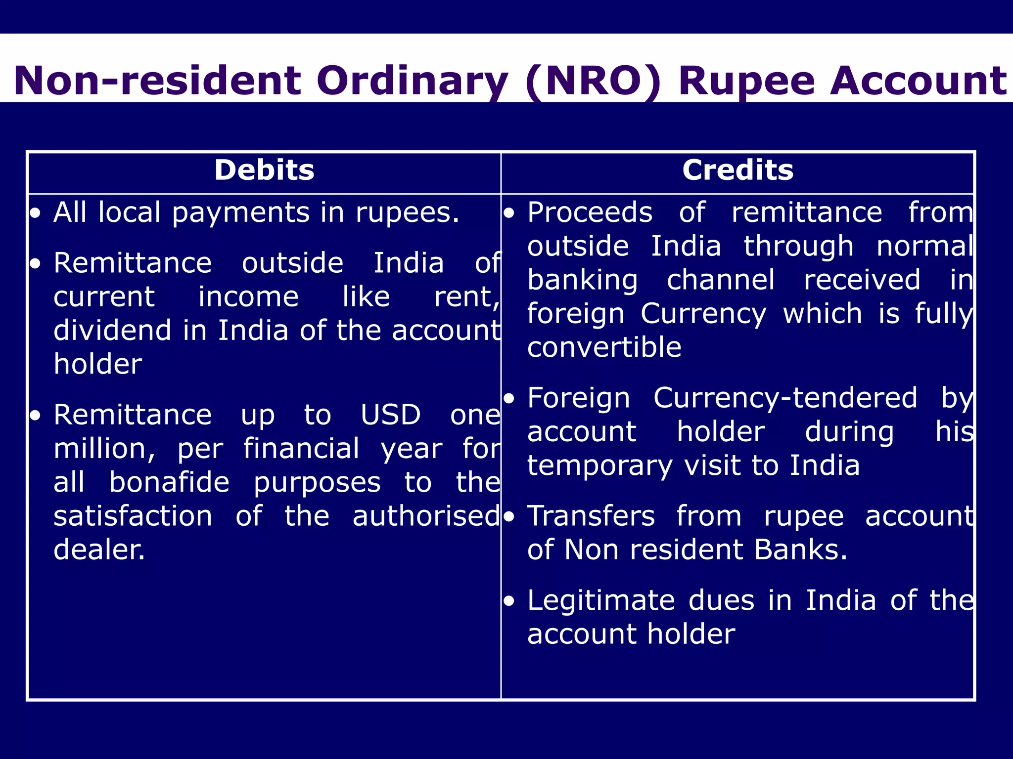 Non-resident Ordinary (NRO) Rupee Account

              Debits                              Credits
• All local payments in rupees.   •    Proceeds of remittance from
                                       outside India through normal
• Remittance outside India of
                                       banking channel received in
  current    income     like  rent,
                                       foreign Currency which is fully
  dividend in India of the account
                                       convertible
  holder
                                   •   Foreign Currency-tendered by
• Remittance up to USD one
                                       account holder during his
  million, per financial year for
                                       temporary visit to India
  all bonafide purposes to the
  satisfaction of the authorised•      Transfers from rupee account
  dealer.                              of Non resident Banks.
                                  • Legitimate dues in India of the
                                    account holder
 