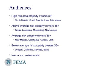 Audiences
 High risk area property owners 35+
 North Dakota, South Dakota, Iowa, Minnesota
 Above average risk property owners 35+
 Texas, Louisiana, Mississippi, New Jersey
 Average risk property owners 35+
 New Mexico, Oklahoma, Kansas, Utah
 Below average risk property owners 35+
 Oregon, California, Nevada, Idaho
 Insurance professionals
 In Insurane
12
 