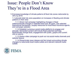 Issue: People Don’t Know
They’re in a Flood Area
1.0 Increase knowledge of climate patterns & flood risk zones nationwide by
35% by 2019
1.1 educate total risk zone population on increases in flooding and climate
patterns in their area
1.1.1 Direct mail campaign highlighting changes in flood
patterns/climate changes in selected area over 30 years. Use selected
executional frameworks. (supply resources for local flood insurance agents
and campaign website)
1.1.2 Establish numerous social media platforms to engage and
educate. Generated content will include flood potential warnings,
flood/climate change facts, engagement with public, graphs and current
info on storms
1.1.3 Online video campaign to push out via social media channels and
website feature
1.1.4 Disseminate news release and fact sheet surrounding climate
changes to nationwide local media outlets and relevant national media
outlets
16
 